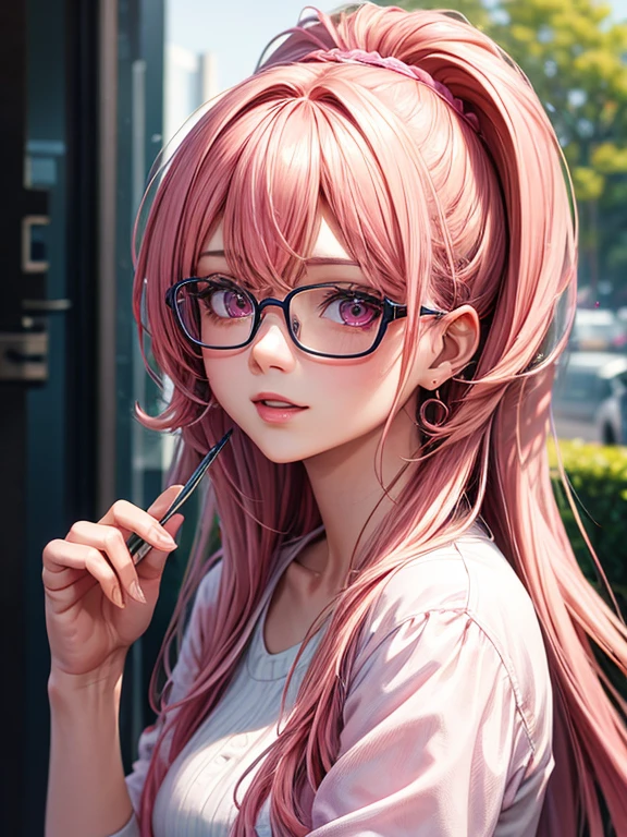 ((brown eyeball)), smiling, round glasses, one, high resolution, high quality, masterpiece, left and right well-balanced, 25 years old, 8 heads, close-up portrait of a woman with pink hair and necklace, photorealistic anime girl rendering, realistic anime 3D style, realistic 3D anime girl, smooth anime CG art, cute 3D anime girl rendering, 3D anime girls, realistic anime art style, realistic young anime girls, anime style 3D, captivating anime girls, ultra realistic anime, wallpapers