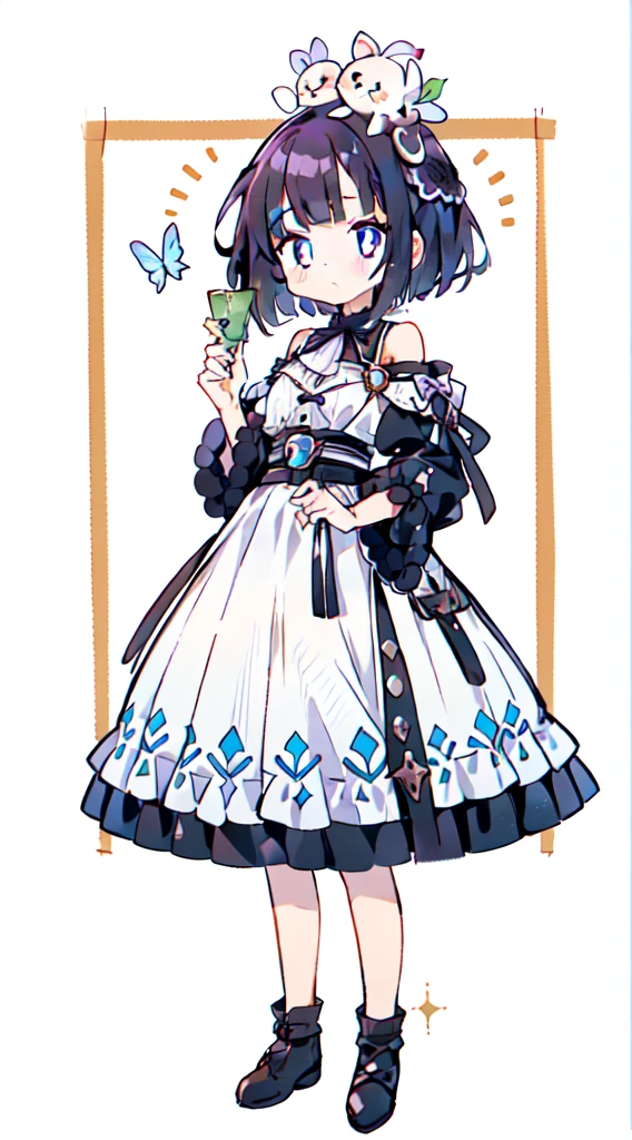1 girl in、((full bodyesbian、Standing picture:1.2))、top-quality、masutepiece、Light purple hair、bob cuts、((2 loaves on the sides of the head))、Reddish-purple eyes、Delicate eyes、cute little、Works next to the head、((Piece with one hand))、((One piece mixed with black and white:1.2))、Lori、[[[[broken fingers]]]]