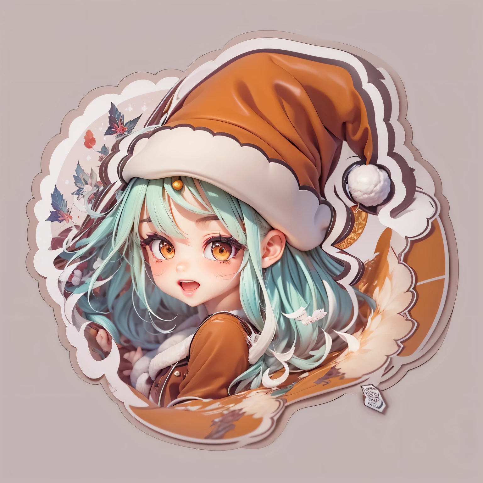 (One sticker,),(3D cartoon santa hat girl),bright colored hair,Slim, ellegance, There is also a touch of mystery.(on a circular background), (Christmas border),, ultra - detailed, Detailed illustration, vectorized, 8K, 专业One sticker设计, Graphic design, vector lines, One sticker, Full-HD