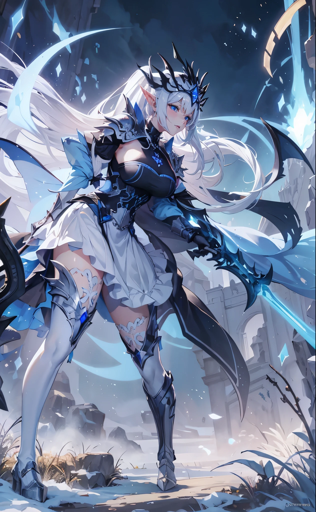 closeup cleavage, The world of dreams, Elf King'Sister, Long face shape, spiny helmet, , The demons, humanoid creature, longponytail, Long elven ears,Her skin is very white, White complexion, Clear eyes, Exquisite silver-blue armor, high heels boots,disheveled black hair, black cloth, 单眼blindfolds, Broken silver blue armor,破旧的high heels boots, To know, blindfolds