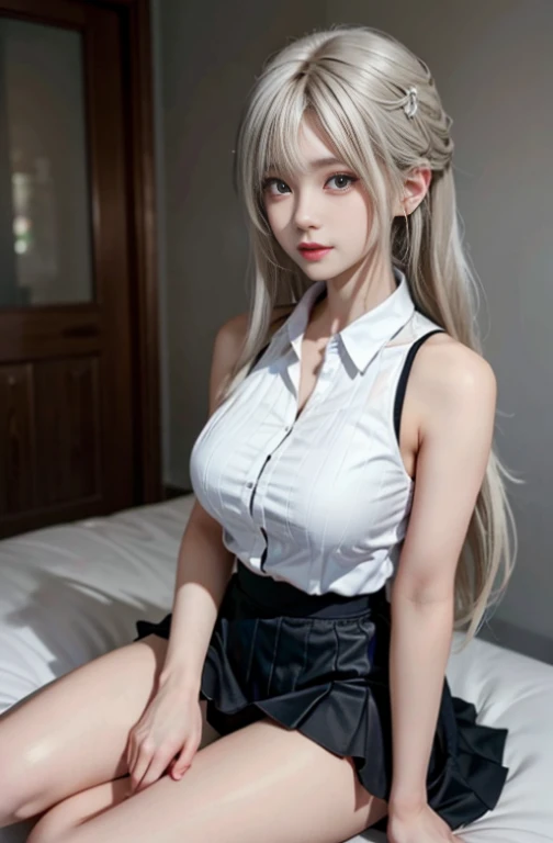 best qualtiy,超A high resolution,1 girl,sleeveless white button shirt,a black skirt,Black collar,adolable,Kpop Idol,aegyo sal,Platinum Blonde Hair,Puffy eyes,Bodivian's wide-eyed look,facing the front there。