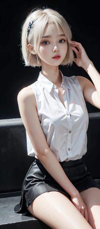 best qualtiy,超A high resolution,1 girl,sleeveless white button shirt,a black skirt,Black collar,adolable,Kpop Idol,aegyo sal,Platinum Blonde Hair,Puffy eyes,Bodivian's wide-eyed look,facing the front there。