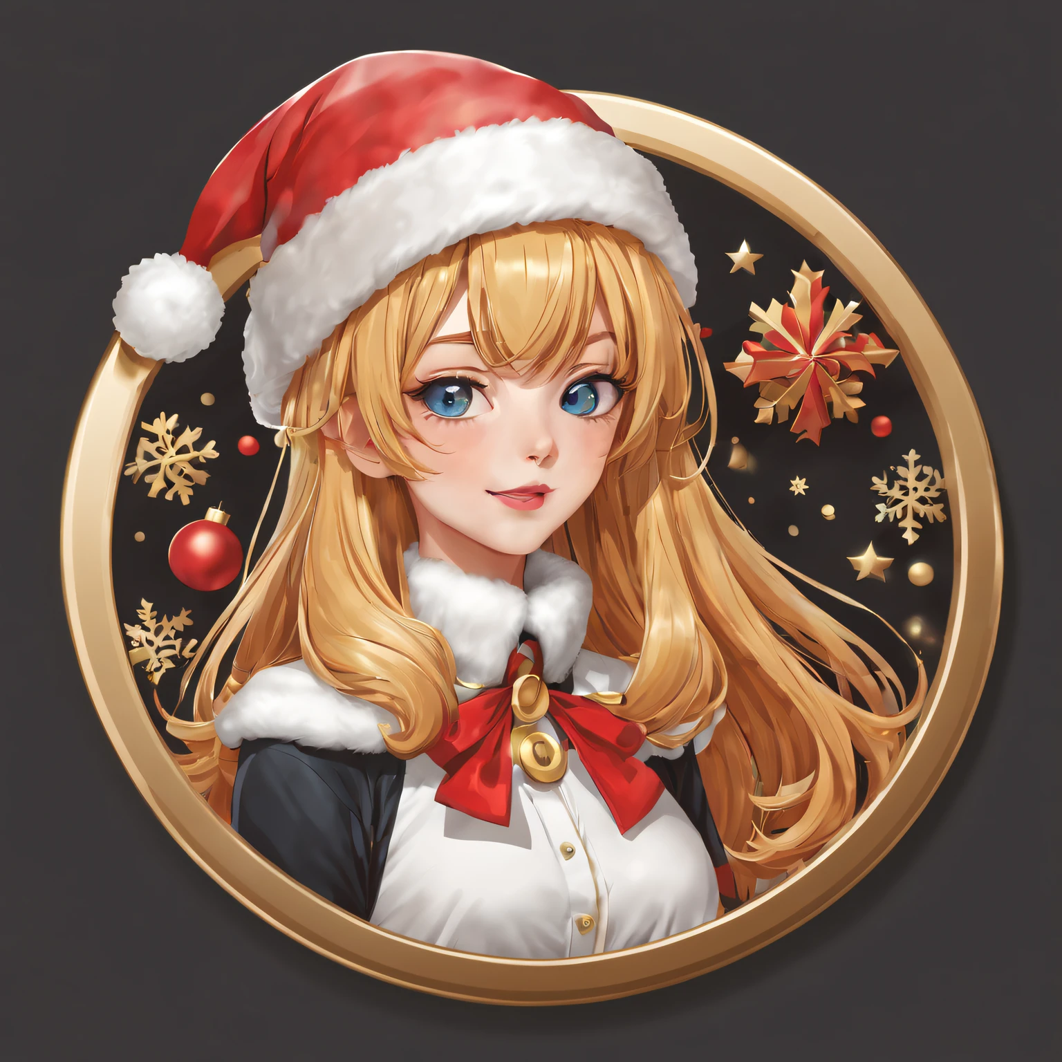 (One sticker,),(3D cartoon santa hat girl),bright colored hair,Slim, ellegance, There is also a touch of mystery.(In circles), (Christmas background), (Gold border),, ultra - detailed, Detailed illustration, vectorized, 8K, 专业One sticker设计, Graphic design, vector lines, One sticker, Full-HD