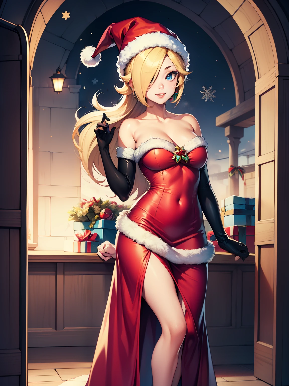 1girl, solo, masterpiece, best quality, high res, highly detailed, (illustration), beautiful detailed eyes, rosalina ,glossy lips, makeup, smile, long white satin elbow gloves, cowboy shot, (santa), red santa dress, santa hat, strapless dress, full body