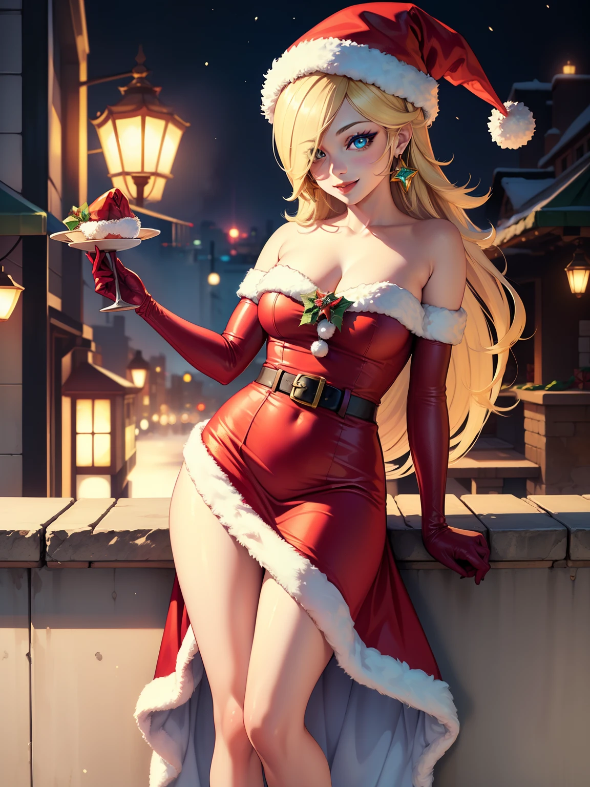 1girl, solo, masterpiece, best quality, high res, highly detailed, (illustration), beautiful detailed eyes, rosalina ,glossy lips, makeup, smile, long white satin elbow gloves, cowboy shot, (santa), red santa dress, santa hat, strapless dress, full body