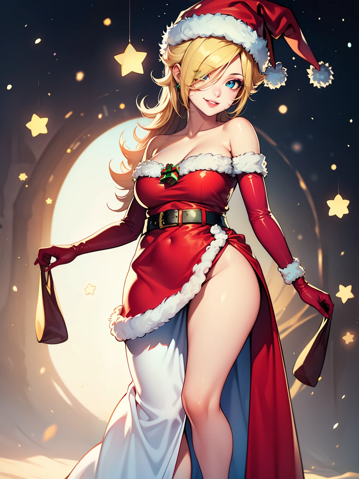 sexy woman, mature milf, huge breasts, large breasts, curvy, voluptuous, ass, blonde hair, blue eyes, long hairstyle, santa bikini, santa hat, christmas gloves, grinning, standing, from back, solo focus, city street, outdoor, night time, art by joy ride