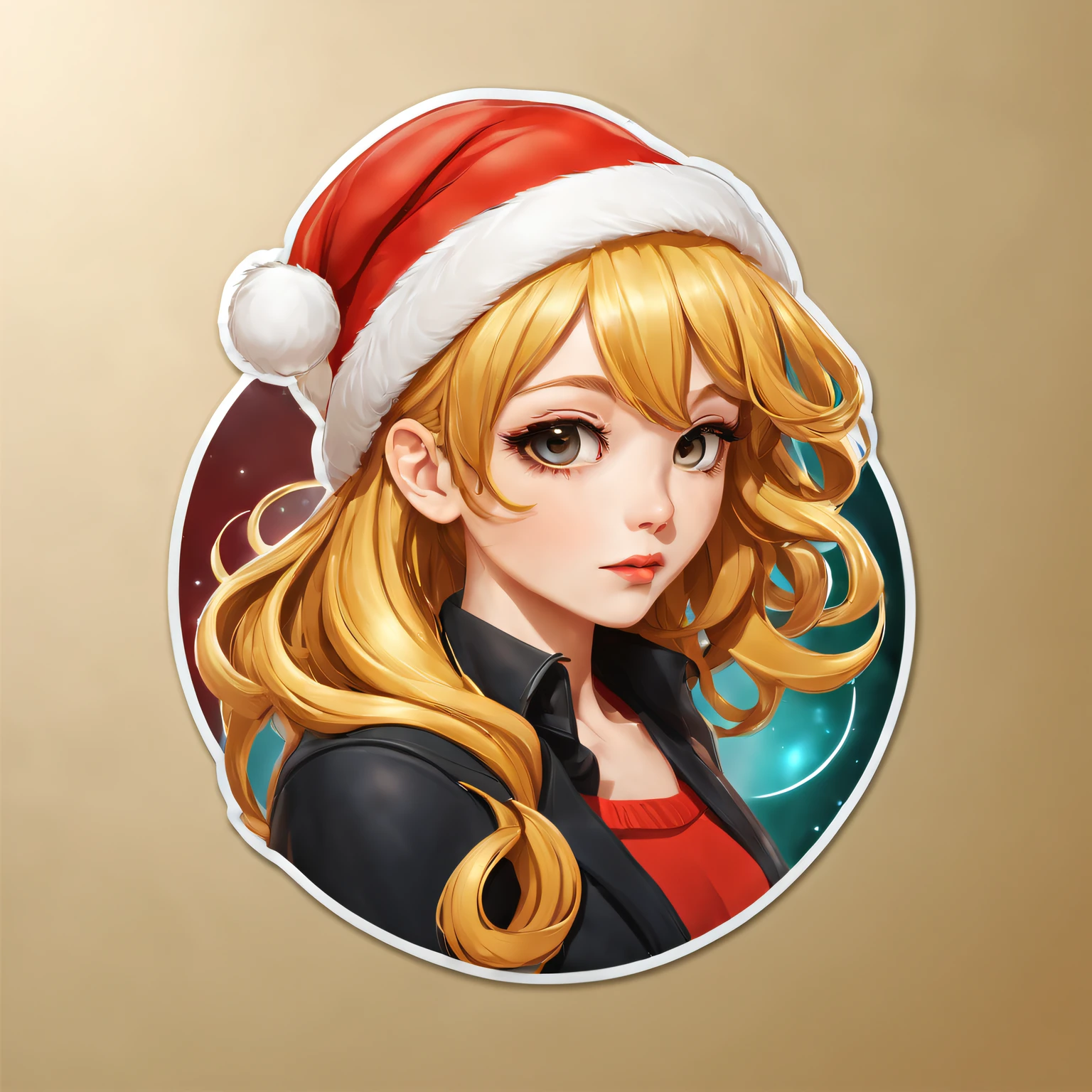 (One sticker,),(3D cartoon santa hat girl),bright colored hair,Slim, ellegance, There is also a touch of mystery.(In circles), (Christmas background), (Gold border)，, ultra - detailed, Detailed illustration, vectorized, 8K, 专业One sticker设计, Graphic design, vector lines, One sticker, Full-HD