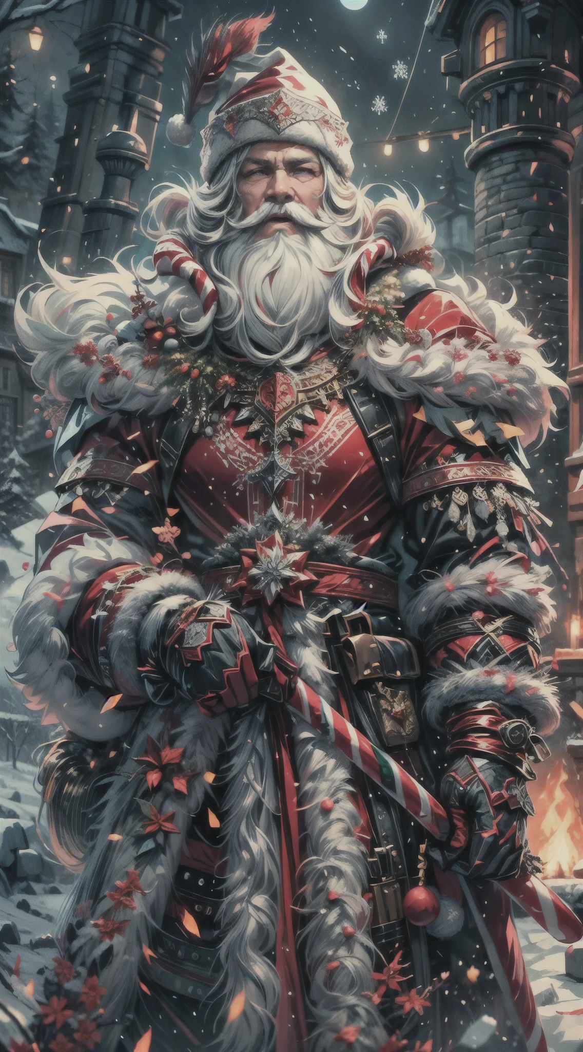 Santa Claus as the boss of the game "Dark Souls" in the Christmas DLC,best quality,4k,8k,highres,masterpiece:1.2,ultra-detailed,realistic:1.37,[HDR],[UHD],[studio lighting],extremely detailed face,beautiful detailed eyes,beautiful detailed lips,long eyelashes,[physically-based rendering],powerful physique,wearing a red and white armor suit with intricate designs,[imposing presence],holding a mighty candy cane [greatsword],surrounded by a snowy landscape,with large icicles hanging from the environment,casting a golden aura,[epic battle scene],intense fire and smoke effects,[vivid colorokeh],blue and white color scheme with hints of gold, dramatic lighting with warm highlights and cool shadows.