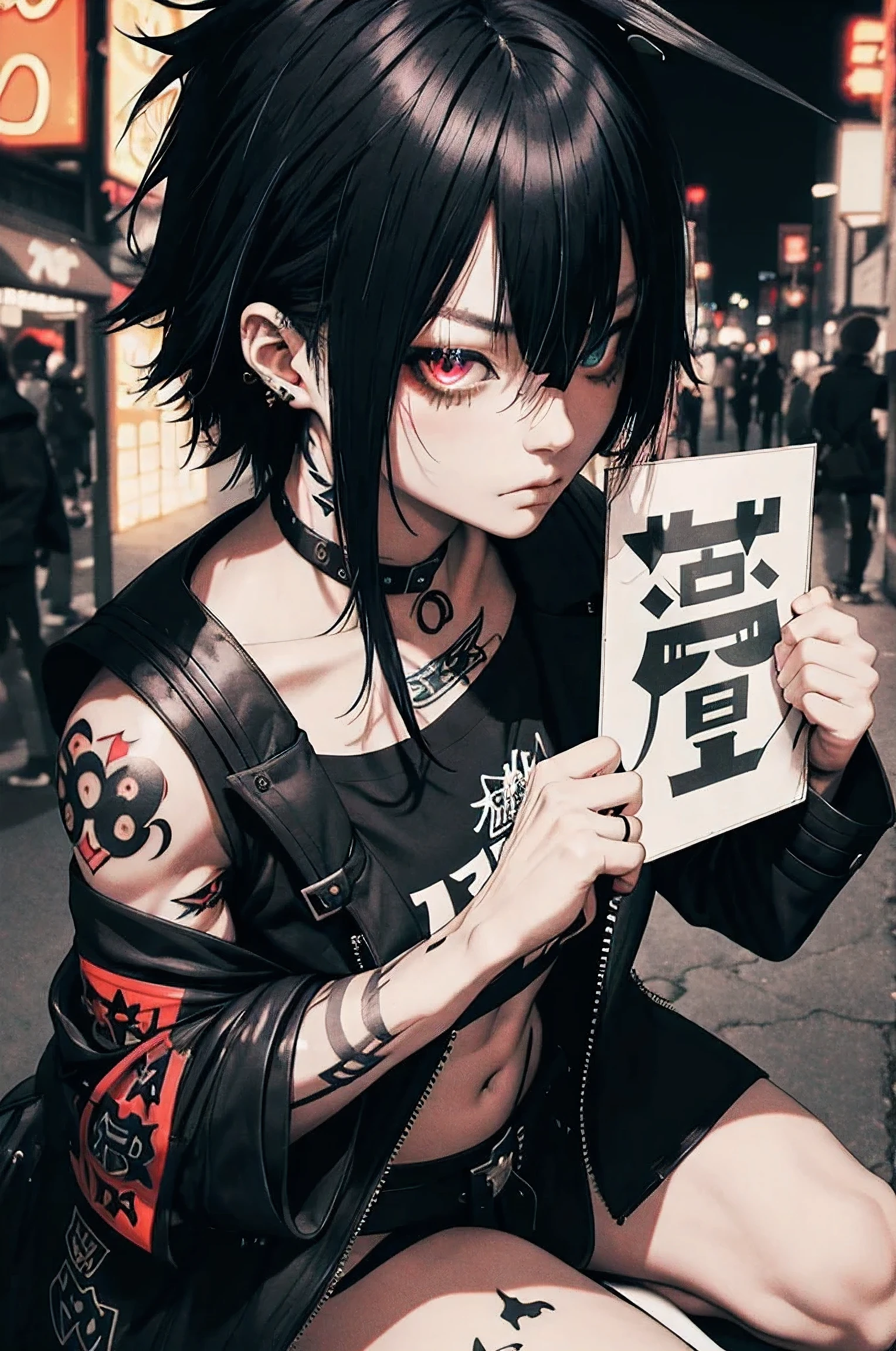 great quality, 8K, Samurai Girl , Cool Black Open Short Jacket, tattoo, voluminous colored hair, the madhatter, stands tall on a futuristic neon night street background, holding a sign in front of his face