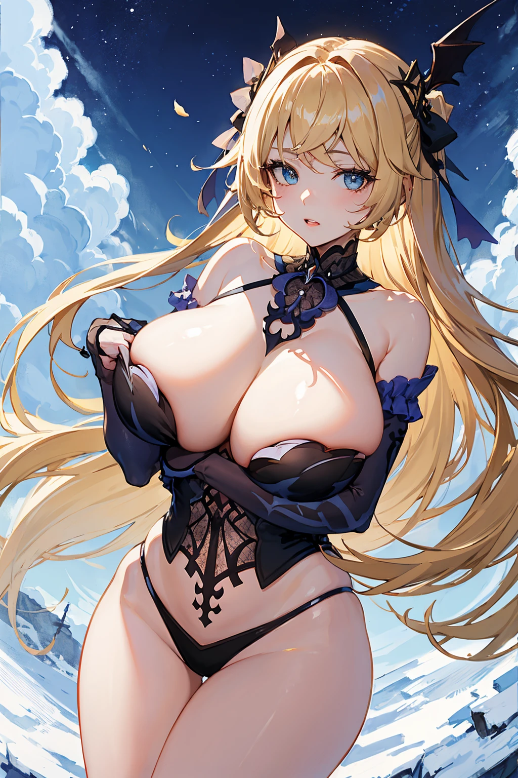 (absurd res, A high resolution, ultra - detailed, hyper HD, Cinematic), Alone, 1个Giant Breast Girl, mature, Happy,双马尾,gold long hair,blue eyes, (huge breasts:1.6),cleavage, collarbone, bare shoulders,armbands,girl standing in light blues flower field, light blues flower petal surrounding girl, full bodyesbian, light gold hair, fanciful, dream-like, Snowy Land, offcial art, trending art, contours, ultra - detailed face, ultra - detailed eyes, light blues flower field, ultra - detailed field, The white blue sky, Cold, light blues, The white, Nebula in the sky, blue tree, aquarelle, pastel colour
