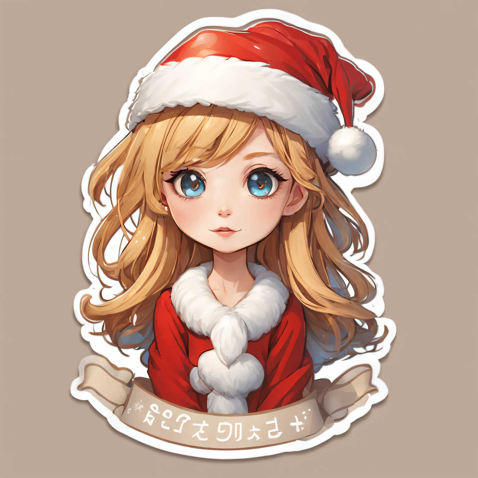 (One sticker,),(3D cartoon santa hat girl),bright colored hair,Slim, ellegance, There is also a touch of mystery.(on a circular background), (Christmas border)，, ultra - detailed, Detailed illustration, vectorized, 8K, 专业One sticker设计, Graphic design, vector lines, One sticker, Full-HD