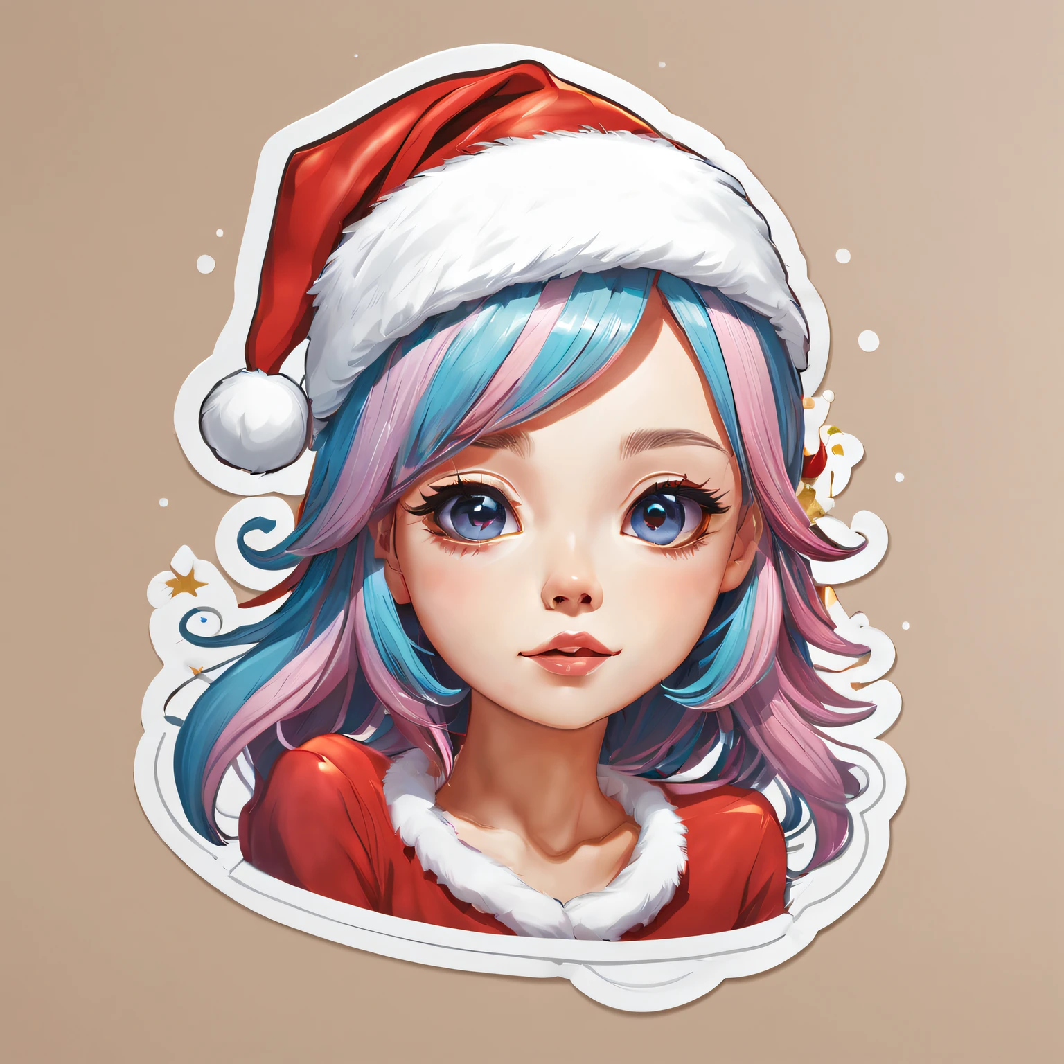 (One sticker,),(3D cartoon santa hat girl),bright colored hair,Slim, ellegance, There is also a touch of mystery.(on a circular background), (Christmas border)，, ultra - detailed, Detailed illustration, vectorized, 8K, 专业One sticker设计, Graphic design, vector lines, One sticker, Full-HD