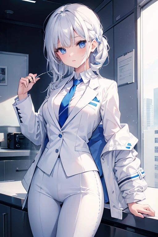 1girl, blue eyes, white suit, white jacket, white shirt, white skirt, white pants, blue tie, medium breasts, sexy