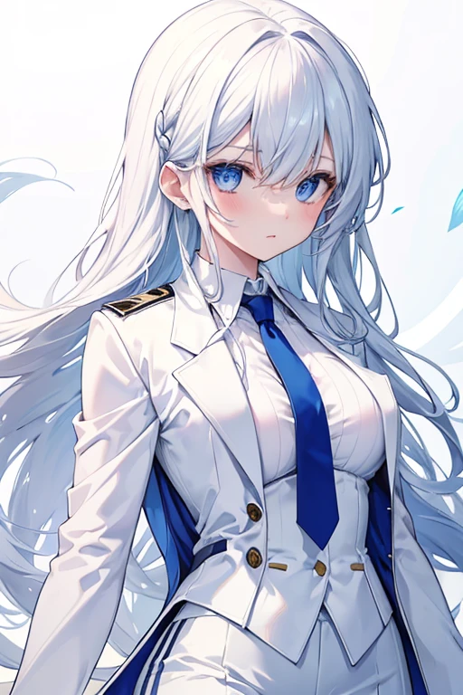 1girl, blue eyes, white suit, white jacket, white shirt, white skirt, white pants, blue tie, medium breasts, sexy