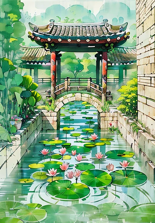 Pond painting with water lilies and pagoda as background, Lotus pond, 宝塔的digitial painting, chinese watercolor style, 水彩digitial painting, inspired by Xie Shichen, japanese painting, studio ghibli painterly style, digital watercolor painting, digitial painting, drawn in anime painter studio, water lily pond, water temple, digital watercolor,Exquisite architectural patterns,The walls have traditional architectural patterns