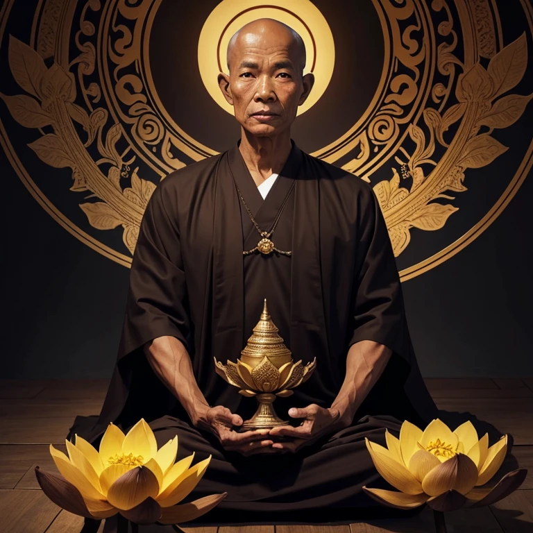 Create a great reslistic colorful hyperrealistic oil painting Gautama Buddha, dressed in neat and orderly saffron robes, very clear and peacefully detailed standing face, eyes down, fancy hand up, deep colors, light pale skin tone, and a brighting halo behind his head, with good Detailed, Good lighting, in Ultra HD 84K