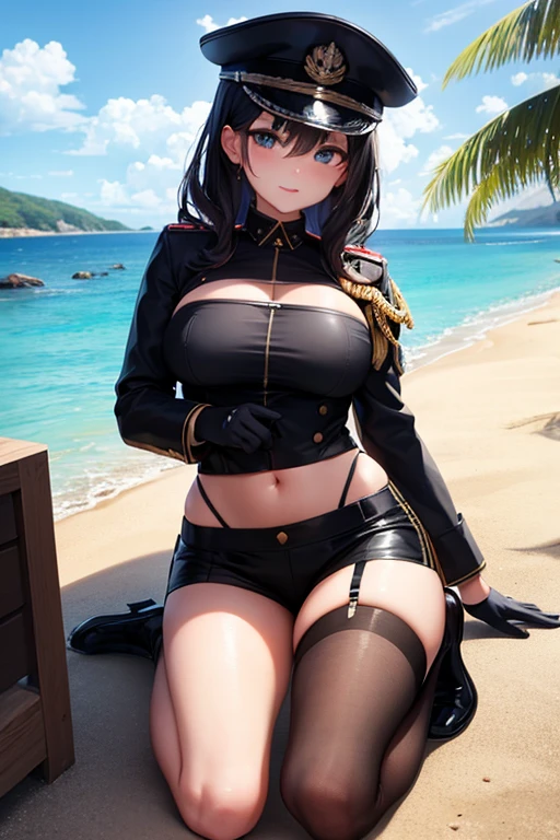 Military Uniform, Black Hair, Breast, Military Cap, Full body, Bikini