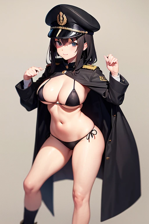 Military Uniform, Black Hair, Breast, Military Cap, Full body, Bikini