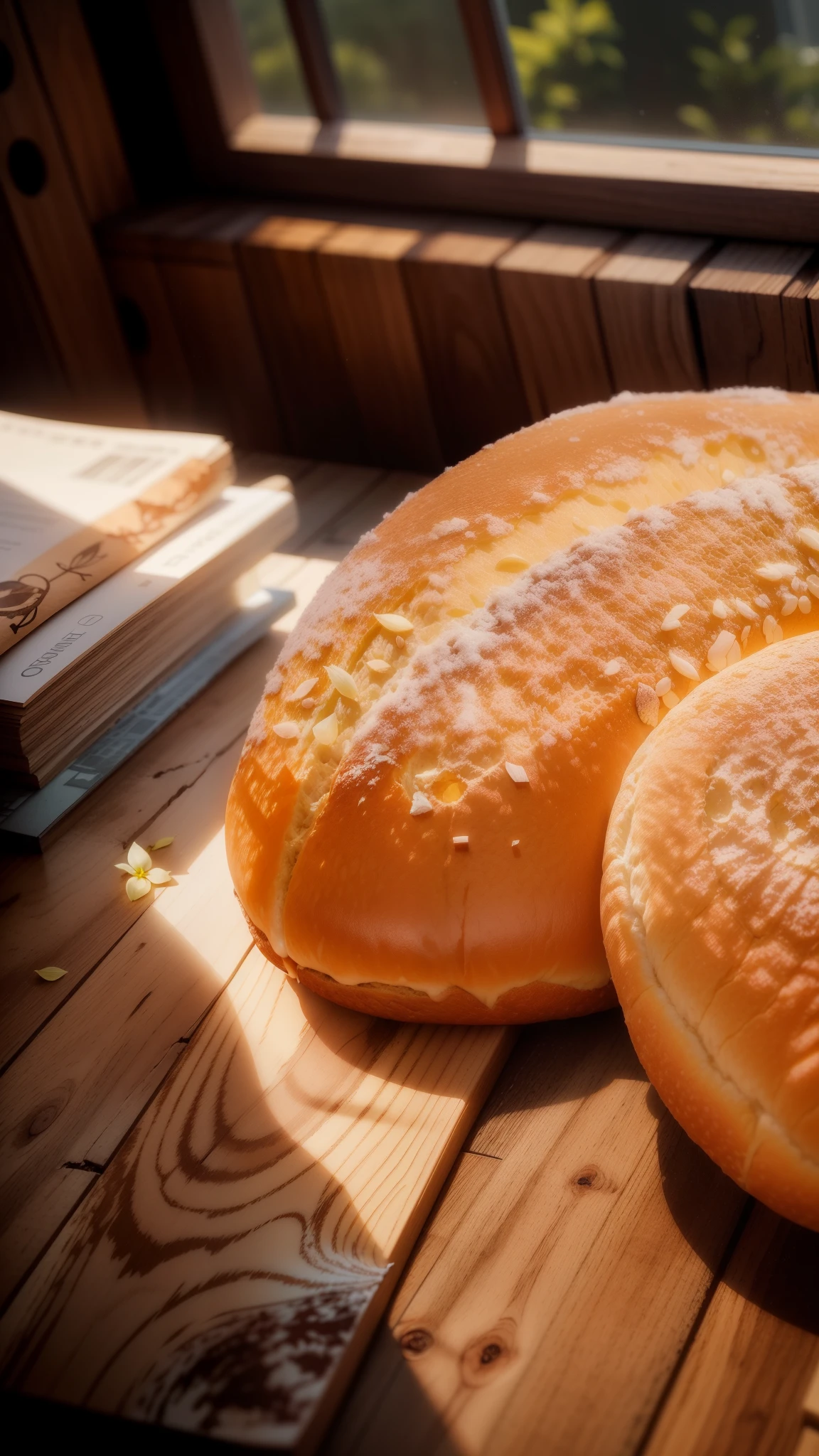 (breads),tmasterpiece, Best quality at best,Wooden table, real photograph,8K,Original photo of the interior scene,Best quality at best,tmasterpiece,Rich details,a desk,Close-up of the table,Live photos,超real photograph,ultra - detailed,There are several books and a napkin on the table,deck chair,sub surface scattering,wooden floor,Sunny atmosphere here, Wood color chair,sofe,glass window,floor to ceiling window, The table is placed diagonally next to the window,(The sun shines into the house from the window),Close-up Shot Shot,Rich details, summer morningglow, with backdrop of natural light, afternoon sunlight, Interior photos, sunny environment, afternoon lighting, Sunny morning,floor to ceiling window ,Realistic afternoon lighting, natural window lighting, Soft natural light, windowsill, with backdrop of natural light, summer morningglow, morningglow, Sunny atmosphere here