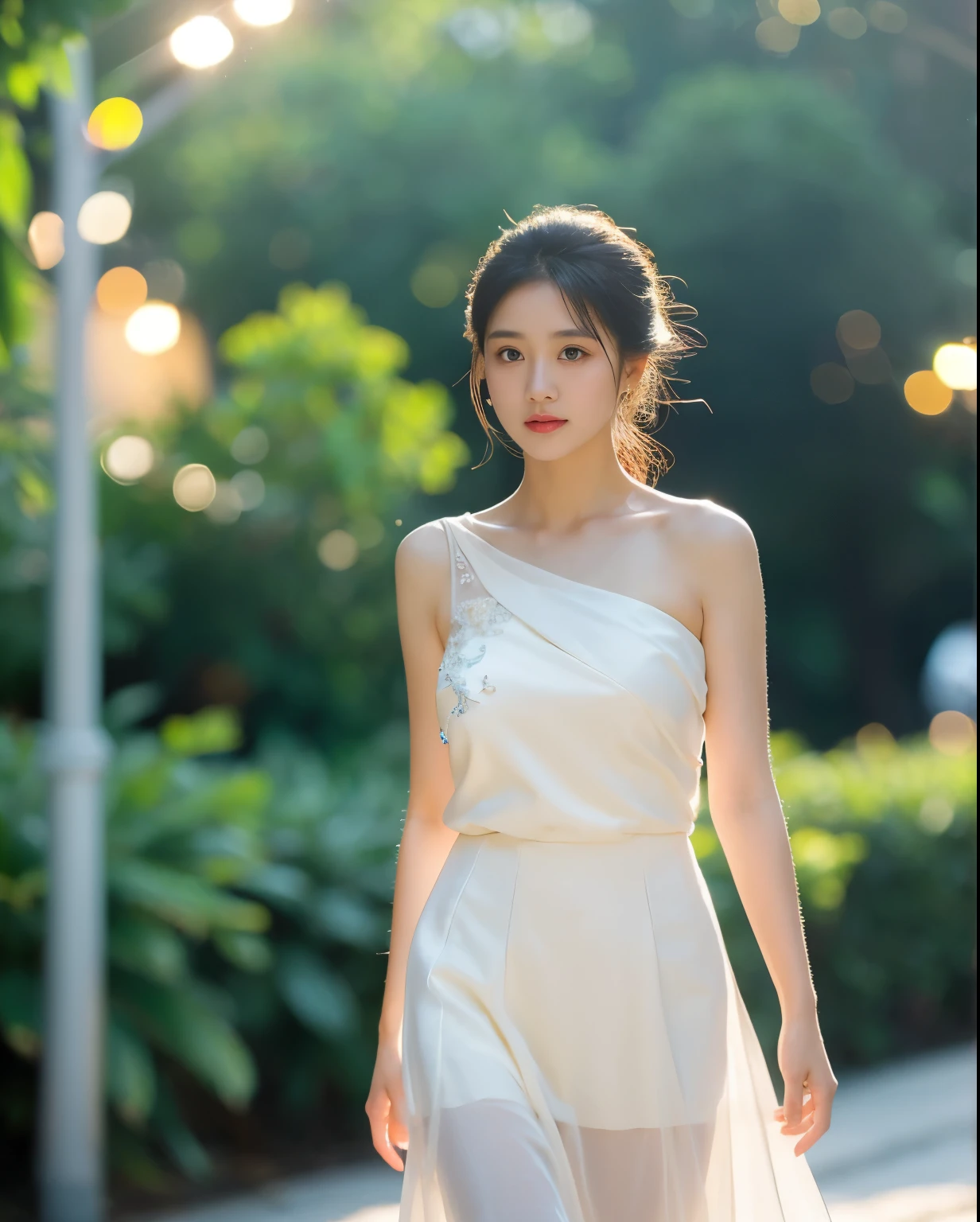 (sweat:0.7),Light yellow wedding dress,white short skirt,woman,vietnamese ,exquisite face, beautiful face,bare shoulders,shoulders slightly exposed,translucent skin,black eyes,black hair,(photorealistic:1.4),realistic details, high resolution,bokeh,outstanding details , walking