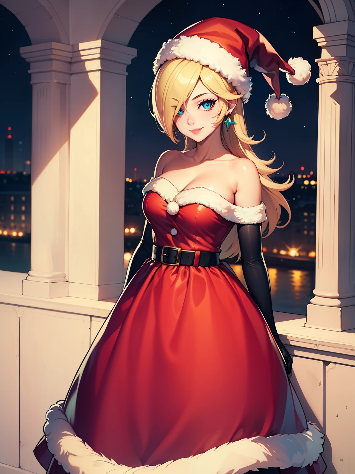 1girl, solo, masterpiece, best quality, high res, highly detailed, (illustration), beautiful detailed eyes, rosalina ,glossy lips, makeup, smile, long white satin elbow gloves, cowboy shot, (santa), red santa dress, santa hat, strapless dress, full body, white elbow gloves