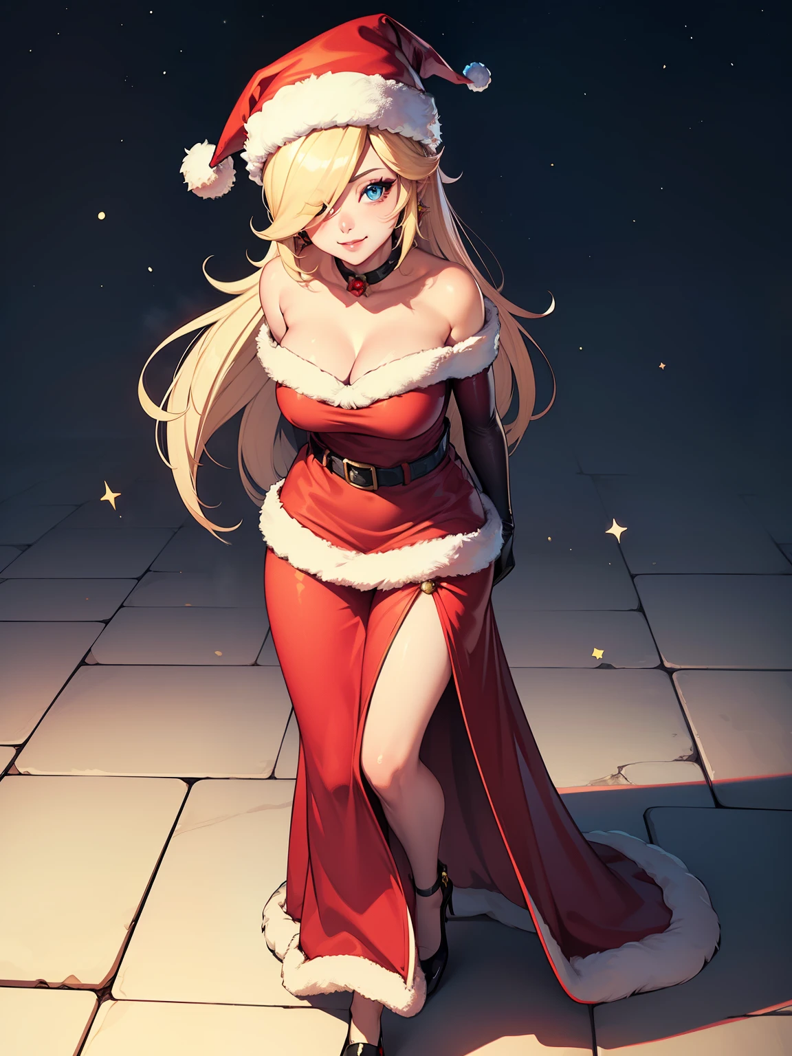 1girl, solo, masterpiece, best quality, high res, highly detailed, (illustration), beautiful detailed eyes, rosalina ,glossy lips, makeup, smile, long white satin elbow gloves, cowboy shot, (santa), red santa dress, santa hat, strapless dress, full body, white elbow gloves