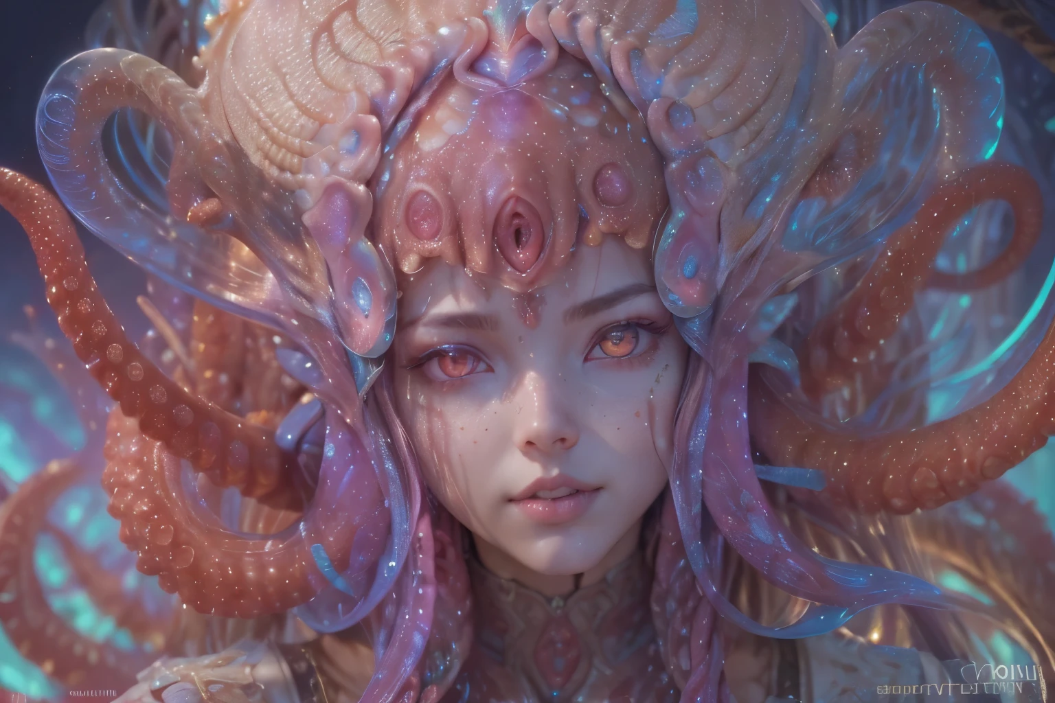 Portrait, (beautiful female alien:1.2),  (There is a female genital-like organ in the middle of the forehead.:1.8), (The most beautiful face in the history of the universe:1.2), (Glowing scarlet eyes:1.6), (Translucent pale skin:1.8), an evil gaze that seduces , (red eyes:1.5), Full body like, (Sexypose:1.5), alien, No humans, cells are fused, (Lots of translucent Blue tentacles:1.1), extraterrestrial, cell, bio image, (zenTangle, mandalas, Tangle, enTangle:0.98),(Fractal Art:0.9)(fluttered detailed color splashes:1.1),(marbling:1.1), (Vulgarity:1.15), (Sexy:1.4), sweet  breath, a sultry, ((???????:1.6)), Best Quality, 8K,4K_quality, High Definition, Dramatic Lighting, masutepiece:1.5,cinematic quality, detail up, (Intricate details:1.2), High resolution, High Definition, drawing faithfully, (Thick eyebrows:1.2), Beautiful eyes with fine symmetry, (Highly detailed face and eyes:1.2), (High-resolution red-eye:1.4), Intimate face, (Super detailed skin quality feeling:1.4), Perfect ???????,  (Beautiful toned body:1.5),  (Moist skin:1.2), No makeup, (dark circles:1.1), long canines, cinematic drawing of characters, ultra high quality model, cinematic quality, detail up, (Intricate details:1.2), High resolution, High Definition, drawing faithfully, Official art, Unity 8K wall  , 8K Portrait, Best Quality, Very High resolution, ultra detailed artistic photography, midnight aura,  unreal enginee 5, Ultra Sharp Focus, art by alberto seveso, ArtGerm, Roisch, intricate artwork, Medusa, best quality, masutepiece, ultra High resolution, (photos realistic：1.4), Ultra-realistic realism, dream-like,  nautilus, Creation of fantasy, Snail, Dream Snail,  (biopunk nautilus:1.4), Thrilling color schemes， Ultra-realistic realism， seductively smiling, Blue tentacles