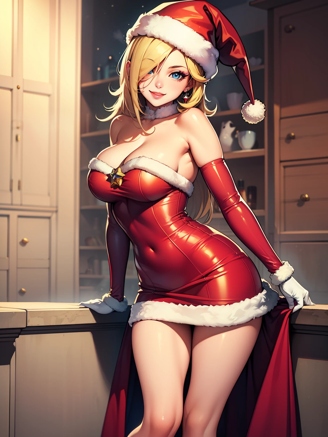 1girl, solo, masterpiece, best quality, high res, highly detailed, (illustration), beautiful detailed eyes, rosalina ,glossy lips, makeup, smile, long white satin elbow gloves, cowboy shot, (santa), red santa dress, santa hat, strapless dress, full body, white elbow gloves