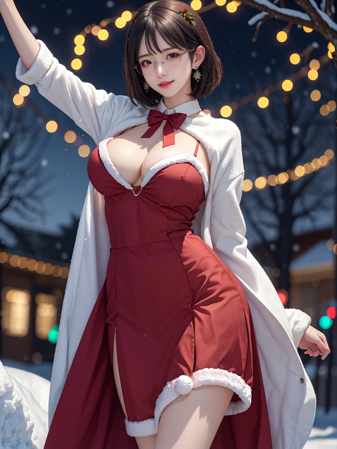 (masterpiece:1.3), live wallpaper, top-quality, Beautifully Aesthetic:1.2, ((1 girl)), solo, Christmas party night, (red and white colors christmas uniform, shirt and long skirt), (black brown Hair, Straight hair, short hair), detailed face, detailed eyes, detailed ears, detailed lips, ((eye-glasses)), (perfect body (large breasts, firm breast, nicely shaped breasts, slender figure)), (walking on the modern street Christmas night snow:1.3), ((At the middle of christmas celebration decorated for christmas at late night:1.2)), (Upper body shot:1.1), (From front:1.3), (Looking at viewer, smiling), (hands behind back, elegant stylish contraposto pose:1.2)