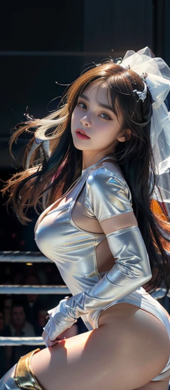 (8K, Raw photo, Best Quality, master piece:1.2), high-definition RAW color photography, professional photograpy, (Realistic, photographrealistic:1.37), ((Best Quality)), 1girl in:1, 18 yo, Cinematic Light, ,Moody lighting, Blue Hour, (finery detailed face:1.2), (masutepiece:1.5), (Best Quality:1.2), Looking at Viewer, lip stick, V-shaped eyebrows, v-line jaw, Sexually suggestive faces, (the background is blurred), Glossy texture, heavy wind:1.3, (Long hair floating in random colors:1.face perfect:1.4), (Beautiful detailed eyes), heavy eye makeup, Shiny skin:1.3, White skin, slender, small nose, (Narrow waist:1), (Almond Eyes:1), A mysterious smile with sharp eyes:1.2), (Big breasts:1.3), cleavage, Bangs,Head tilt, Tilt your body forward, Light makeup, small ass, Wrestling match venues, ((Sexy Wrestling Costumes:1.became sexy golden&White wrestling costume:1.3), ((Beautiful dark white wrestling costume:1.3)), (Enamel Leather Long Wrestling Boots), Thimbleskin gloves, Dynamic fighting action poses,
