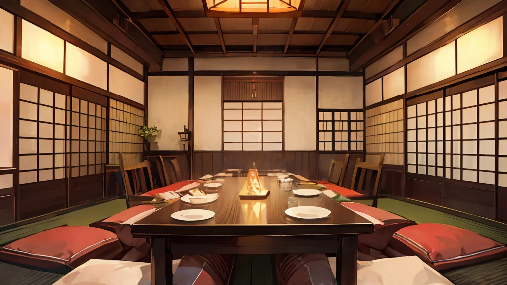 animesque、hight resolution、Scenic、Japanese-style family restaurant with a calm atmosphere、Japanese-style izakaya、Brightness and warmth、Japanese table setting