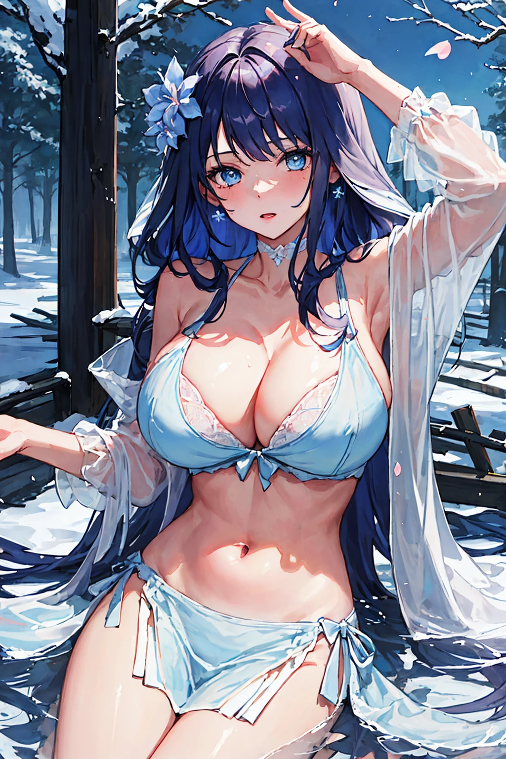 ((semi long beautiful dark blue hair,beautiful blue eyes)),(solo),((masterpiece, highest resolution,best quality)), (beautiful illustration),(Bright blue one piece sexy knit sweater),((topless, beautiful medium , pink nipples)),(Lying on the ground,knees up,legs wide open),wet gleaming skin,Vulgar,(nsfw),
low angle,from below,((masterpiece, highest resolution,best quality)), (beautiful illustration),(Bright blue one piece sexy knit sweater),beautiful icy lake and mountains,flowers,trees,snow,blue sky,
 (looking at the viewer),((face toward the viewer)), ((sexy cute mini skirt and elegant beautiful white frilled panties)), innocent sexy smile,Embarrassed,orgasm,mouth open,showing teeth,cinematic lighting,