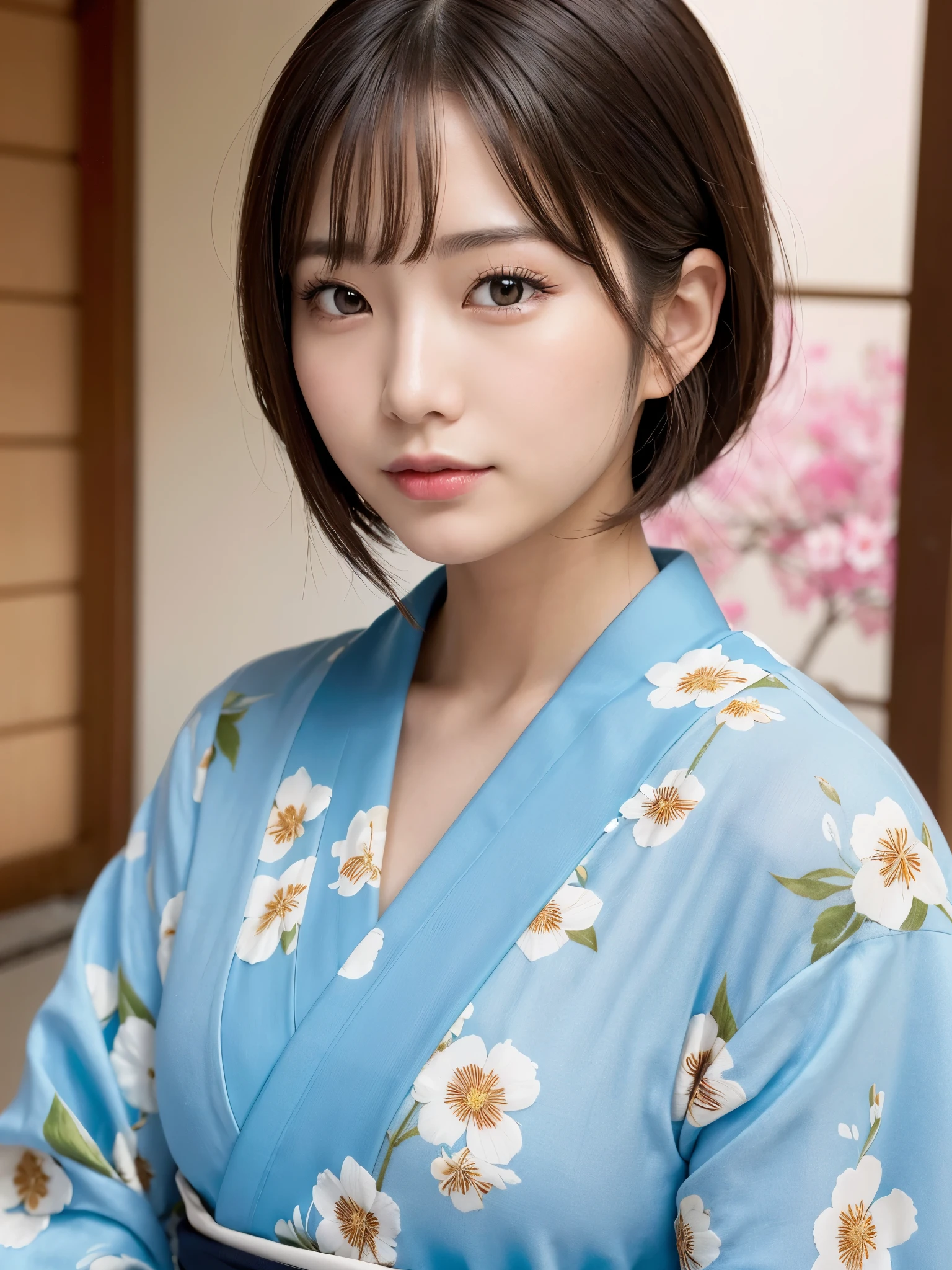 ((of the highest quality, 8K, masutepiece: 1.3, Raw photo)), Sharp Focus: 1.2, (1 AESPA Girl :1.1), Solo, (Realistic, Photorealistic: 1.37), (Face Focus: 1.1), Cute face, hyperdetailed face, (short messy hair: 1.2), Small Smile, Japanese theme, flower pattern KIMONO, standing at the Japan Garden, cinematic lighting, Beautiful Japanese makeup, A beautiful woman that symbolizes Japan culture