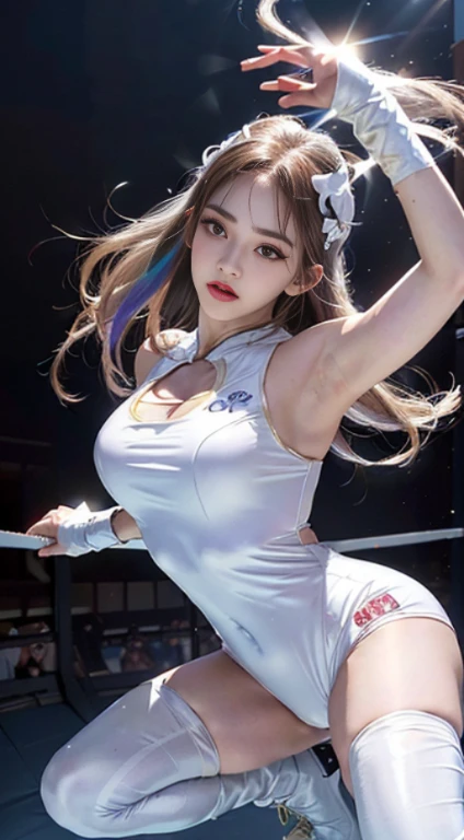 (8K, Raw photo, Best Quality, master piece:1.2), high-definition RAW color photography, professional photograpy, (Realistic, photographrealistic:1.37), ((Best Quality)), 1girl in:1, 18 yo, Cinematic Light, ,Moody lighting, Blue Hour, (finery detailed face:1.2), (masutepiece:1.5), (Best Quality:1.2), Looking at Viewer, lip stick, V-shaped eyebrows, v-line jaw, Sexually suggestive faces, (the background is blurred), Glossy texture, heavy wind:1.3, (Long hair floating in random colors:1.face perfect:1.4), (Beautiful detailed eyes), heavy eye makeup, Shiny skin:1.3, White skin, slender, small nose, (Narrow waist:1), (Almond Eyes:1), A mysterious smile with sharp eyes:1.2), (Big breasts:1.3), cleavage, Bangs,Head tilt, Tilt your body forward, Light makeup, small ass, Wrestling match venues, ((Sexy Wrestling Costumes:1.became sexy golden&White wrestling costume:1.3), ((Beautiful dark white wrestling costume:1.3)), (Enamel Leather Long Wrestling Boots), Thimbleskin gloves, Dynamic fighting action poses,