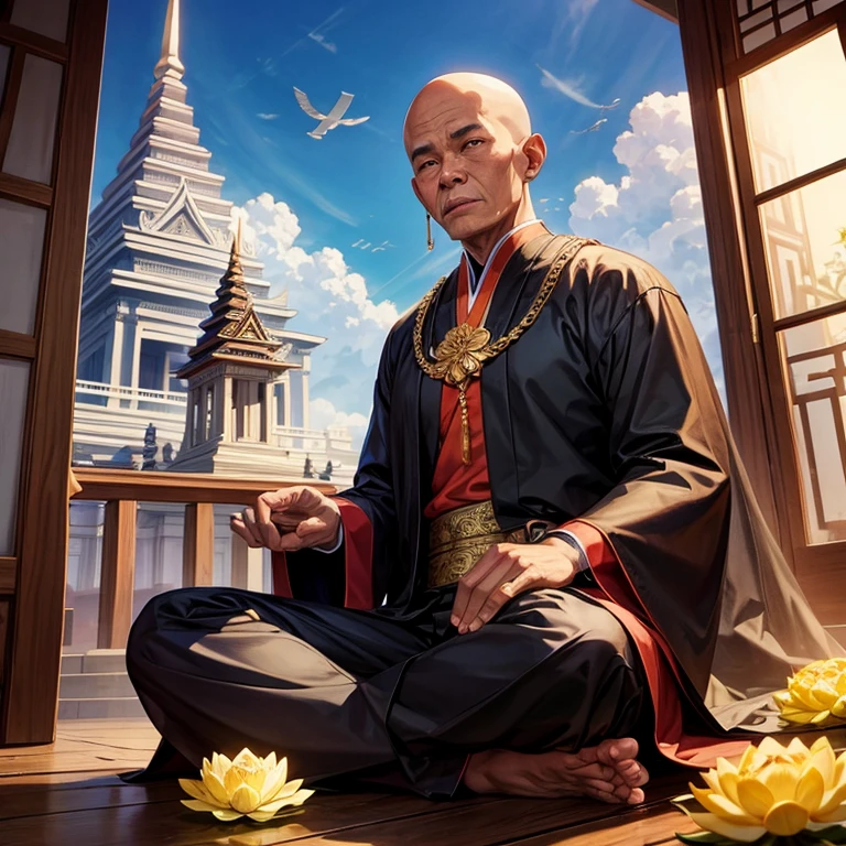 A black-skinned Thai monk, 80 years old, wearing a dark brown robe. Meditate on a large lotus flower The picture in the back is a grand and beautiful Thai temple in the style of Thai art. There are Thai art angels floating all over the sky.