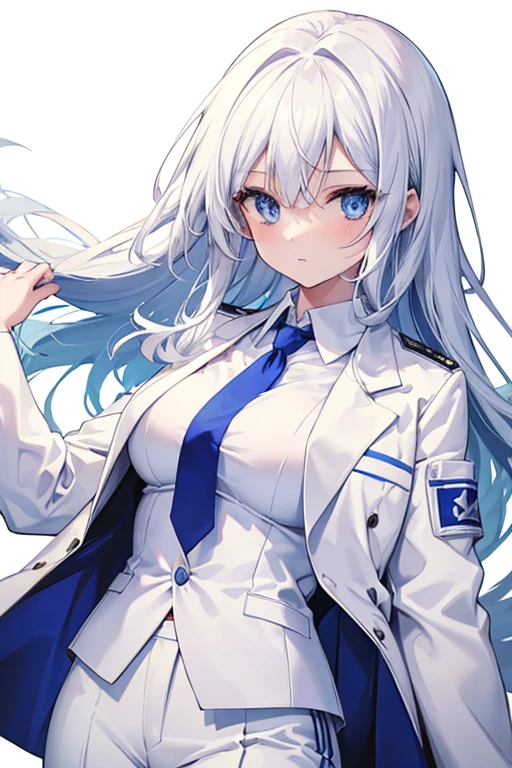 1girl, blue eyes, white suit, white jacket, white shirt, white skirt, white pants, blue tie, medium breasts, sexy, doctor