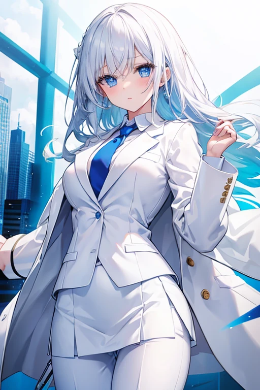 1girl, blue eyes, white suit, white jacket, white shirt, white skirt, white pants, blue tie, medium breasts, sexy, doctor