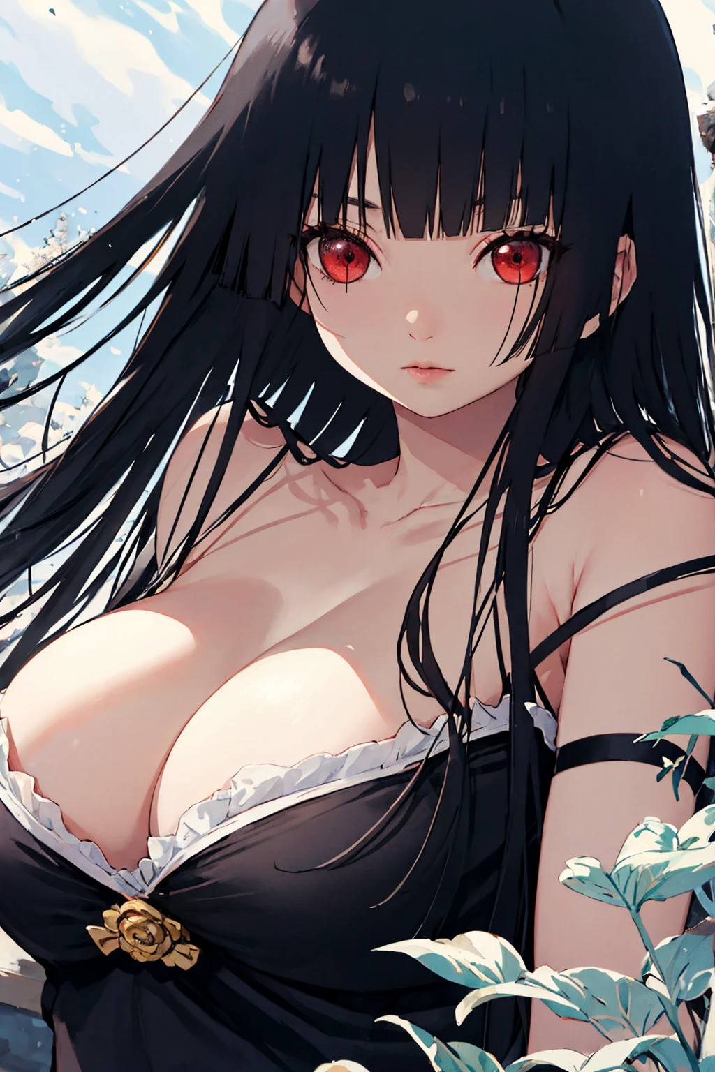 (absurd res, A high resolution, ultra - detailed, hyper HD, Cinematic), Alone, 1个Giant Breast Girl, mature, Happy,hime cut,black long hair,red eyes, (huge breasts:1.6),cleavage, collarbone, bare shoulders,armbands,black dress,girl standing in light blues flower field, light blues flower petal surrounding girl, full bodyesbian, Blue long-haired girl, light blues hair, fanciful, dream-like, Snowy Land, offcial art, trending art, contours, ultra - detailed face, ultra - detailed eyes, light blues flower field, ultra - detailed field, The white blue sky, Cold, light blues, The white, Nebula in the sky, blue tree, aquarelle, pastel colour