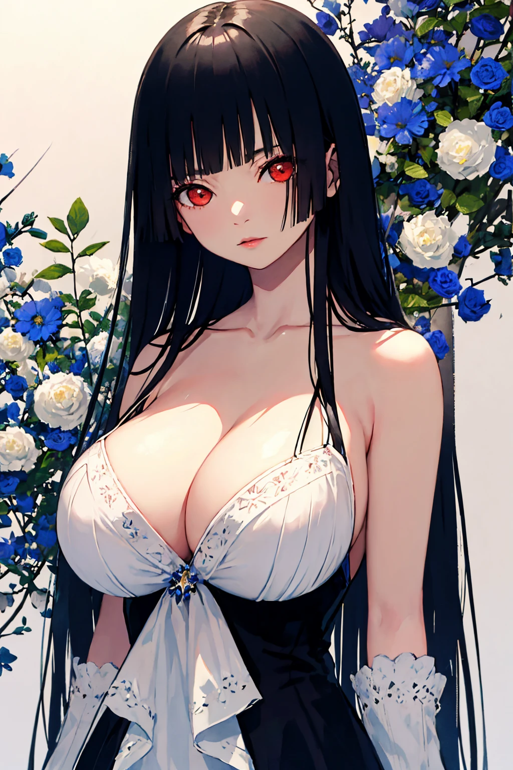 (absurd res, A high resolution, ultra - detailed, hyper HD, Cinematic), Alone, 1个Giant Breast Girl, mature, Happy,hime cut,black long hair,red eyes, (huge breasts:1.6),cleavage, collarbone, bare shoulders,armbands,black dress,girl standing in light blues flower field, light blues flower petal surrounding girl, full bodyesbian, Blue long-haired girl, light blues hair, fanciful, dream-like, Snowy Land, offcial art, trending art, contours, ultra - detailed face, ultra - detailed eyes, light blues flower field, ultra - detailed field, The white blue sky, Cold, light blues, The white,  Nebula in the sky, blue tree, aquarelle, pastel colour