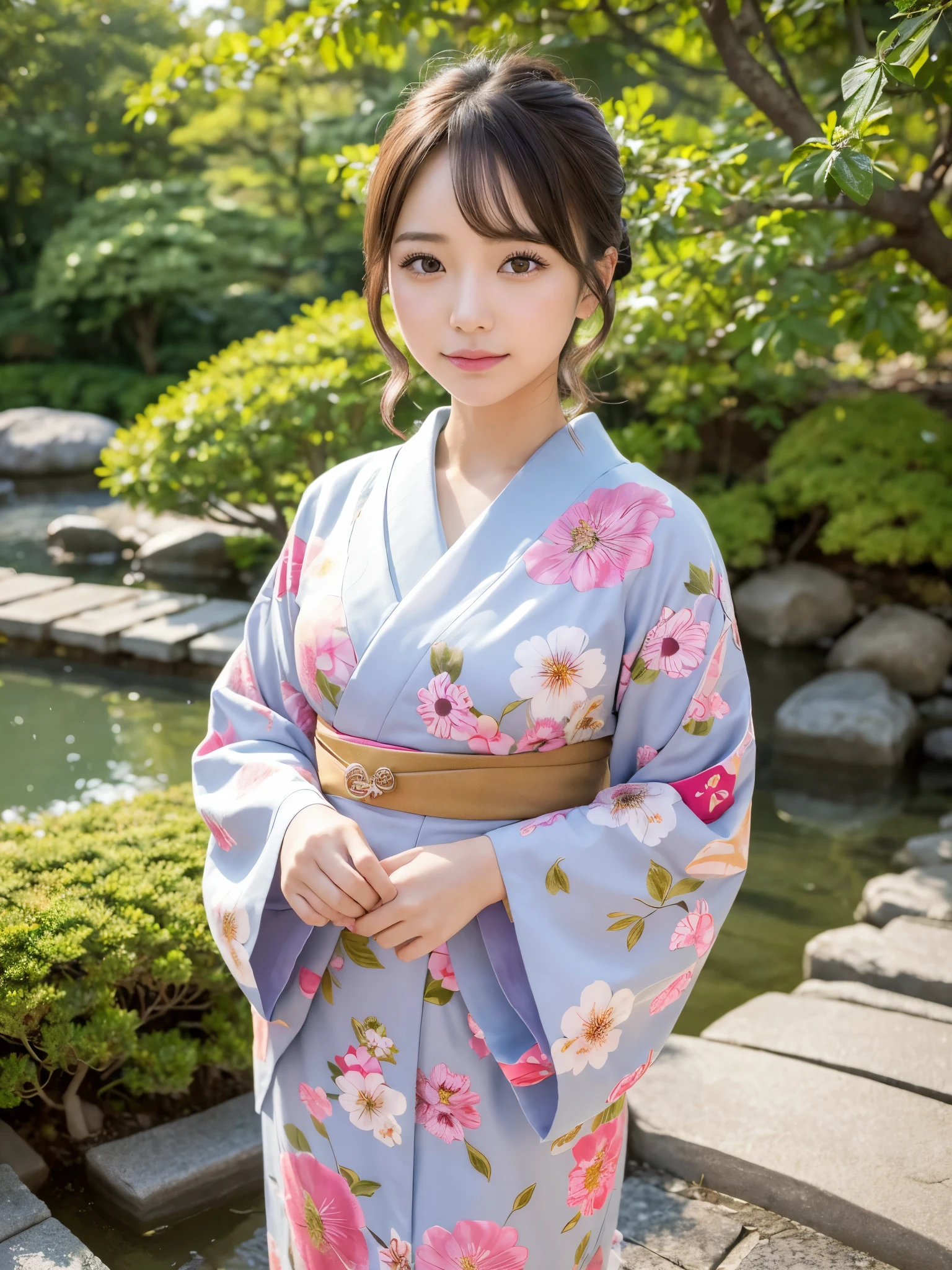 ((of the highest quality, 8K, masutepiece: 1.3, Raw photo)), Sharp Focus: 1.2, (1 AESPA Girl :1.1), Solo, (Realistic, Photorealistic: 1.37), (Face Focus: 1.1), Cute face, hyperdetailed face, (short messy hair: 1.2), Small Smile, Japanese theme, flower pattern KIMONO, standing at the Japan Garden, cinematic lighting, Beautiful Japanese makeup, A beautiful woman that symbolizes Japan culture, full body