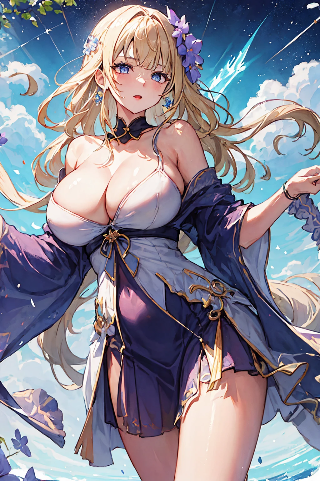 (absurd res, A high resolution, ultra - detailed, hyper HD, Cinematic), Alone, 1个Giant Breast Girl, mature, Happy,单马尾,purple long hair,blue eyes, (huge breasts:1.6),cleavage, collarbone, bare shoulders,armbands,girl standing in light blues flower field, light blues flower petal surrounding girl, full bodyesbian, light gold hair, fanciful, dream-like, Snowy Land, offcial art, trending art, contours, ultra - detailed face, ultra - detailed eyes, light blues flower field, ultra - detailed field, The white blue sky, Cold, light blues, The white,  Nebula in the sky, blue tree, aquarelle, pastel colour