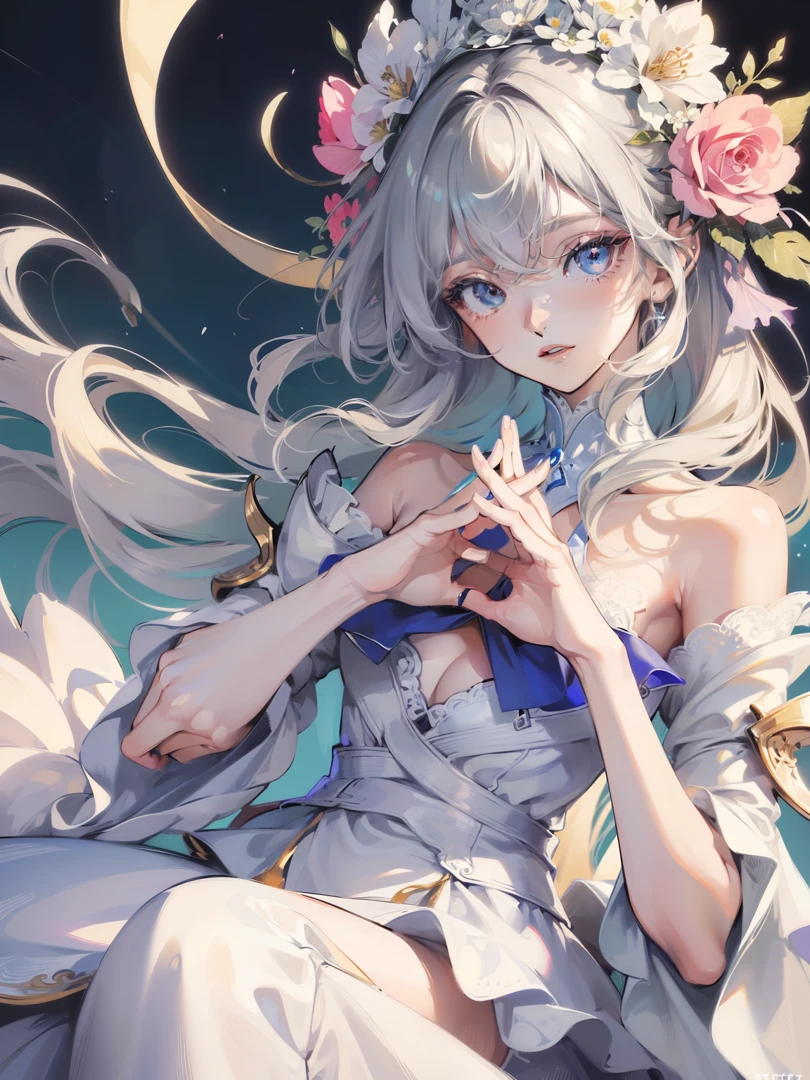 Official art, ヨーロッパのmasterpiece女性,, pale silver hair , azure eyes, (masterpiece、top-quality、hight resolution: 1.4),in 8K, Anime Art Nouveau, highly detailed exquisite fanart, anime fantasy illustration, clean detailed anime art, detailed anime art, sharp focus of a person, Delicate Beautiful Hair and Eyes and Face, realisitic, ultra-detailliert, Flower Garden,((Delicate, delicate and cute hands)),((elegant shiny dress)),((Lots of races)),((lots of ruffles)),((lots of ribbons))