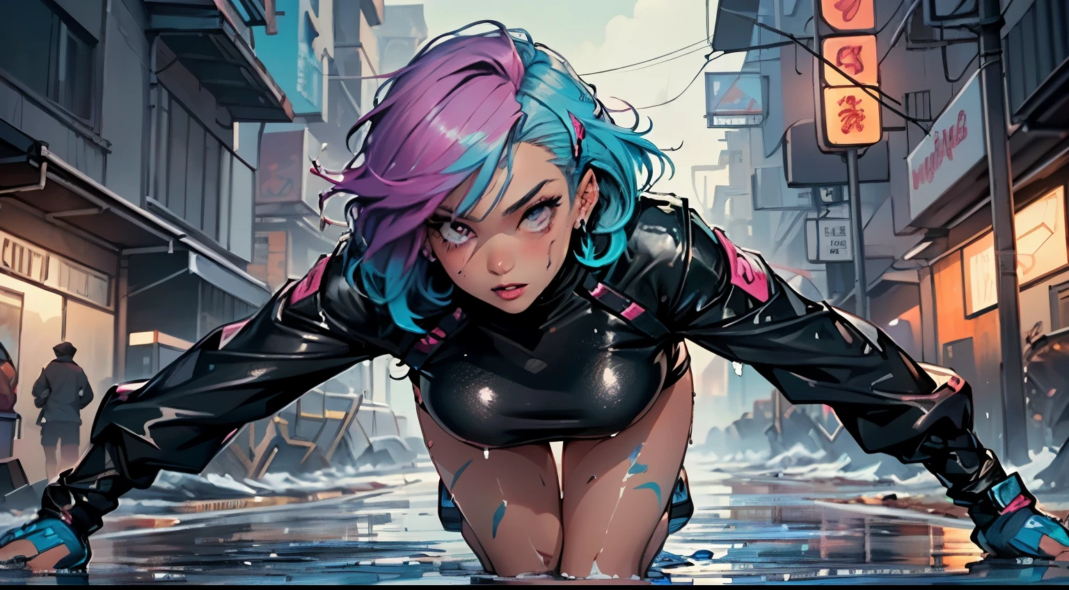 cute cartoon girl,(((1girl))),((extremely cute cartoon girl with liquid paint hair)),
(large breasts:1.4),(((very long hair,absurdly long hair,hair down to the waist,liquid paint hair:1.1,neon purple hair|neon pink hair|neon blue hair|neon aqua hair|purple hair|fuchsia hair|fluorescent blue hair|amethyst hair|neon hair|bright pink hair :1.5,bright hair: 1.3,hair made of paint and defies gravity,thick flowing,paint splatter:1.3,shiny hair: 1.3,vibrant colored hair))),((heterochromia:1.5,eye1 purple,eye2 pink,upturned eyes:1.erfect eyes,beautiful detailed eyes,finely detailed beautiful eyes:1,symmetrical eyes:1)),((fat)),(((lustrous skin:1.5,bright skin: 1.5,skin tanned,shiny skin,very shiny skin,shiny body,plastic glitter skin,exaggerated shiny skin,illuminated skin,wet legs))),(spider lower abdomen,narrow waist,wide hip,athletic body,inflated legs,delicate detailed fingers,detailed body,human hands,(detailed face)),
cute,slutty,seductive,erotic,(((nsfw)))
(((liquid paint clothes,clothes made of liquid paint,body paint))),underboob,with liquid paint micro clothes,body paint,dripping paint,liquid pain tiny thong,bare legs,((wet liquid paint clothes,detailed outfit,detailed liquid paint clothes)),
(dynamic pose:1.0),solo focus,embarrassed,(centered,scale to fit dimensions,Rule of thirds),
cyberpunk city by the ocean at night, with bright neon signs and dark stormy clouds and puddles,
High resolution, sharp focus, (ultra detailed, extremely detailed), (photorealistic artwork:1.37), 8k wallpaper,((synthwave background theme)),(((vibrant colors,))),(intricate),masterpiece,(best quality),synthwave neon colors,