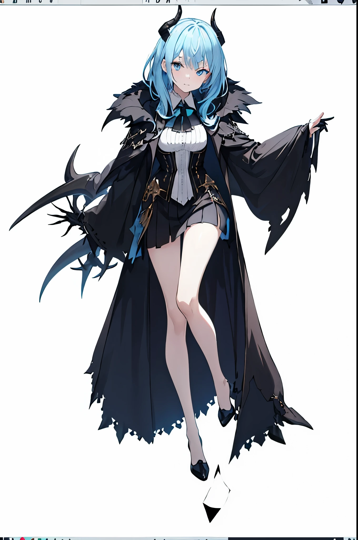 1 young and gorgeous girl, There is a pair of brownish-black horns on the head, light blue hair, light crystal blue eyes,beautiful eyes,fantasy, gothic, cute witch outfit,embarrassed,sblunt bangs,cinematuc lighting,,((full body))((white background)),((transparent background)),empty background, character middle of screen, look at camera,show foots,show legs