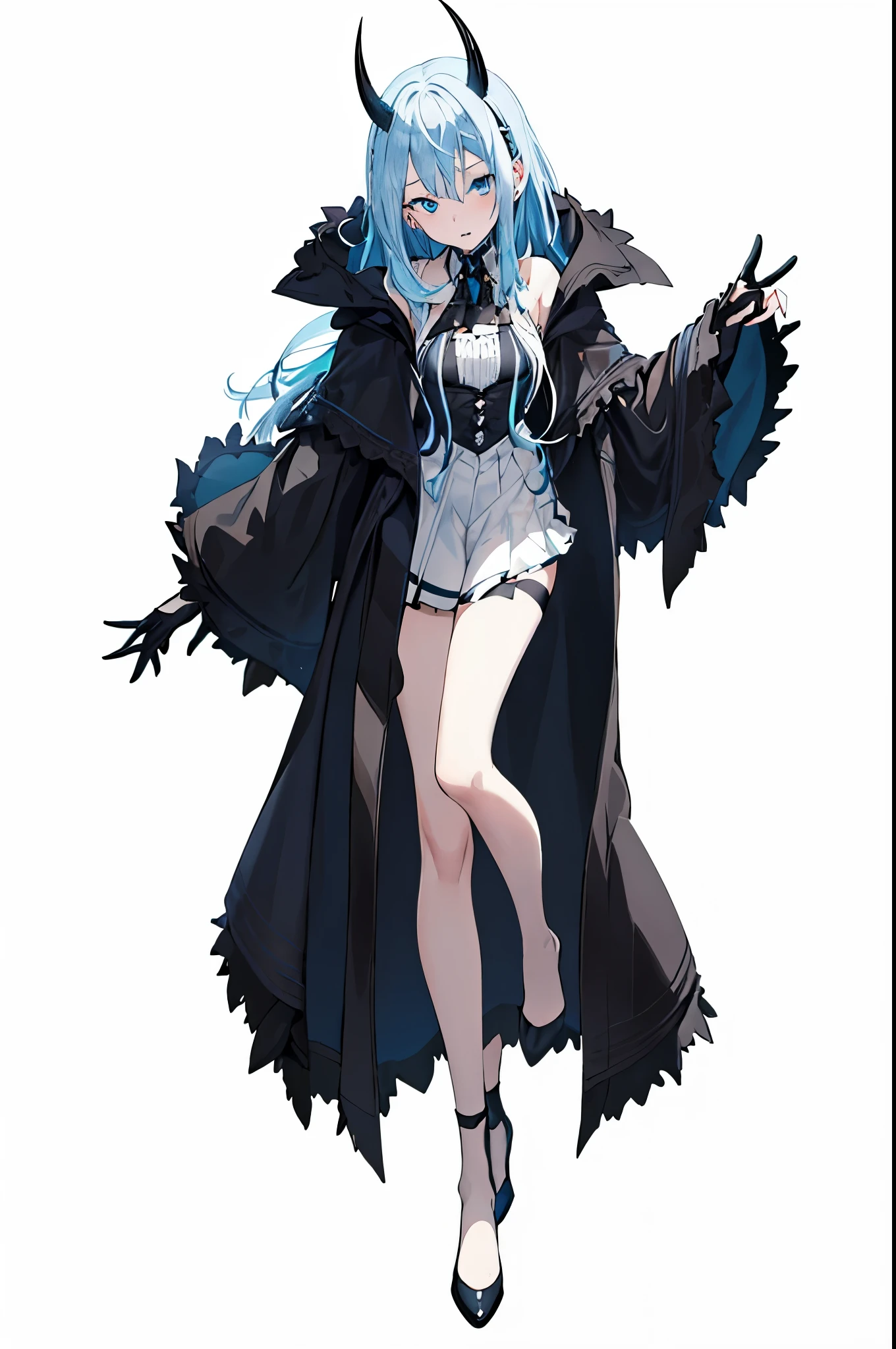 ung and gorgeous girl, There is a pair of brownish-black horns on the head, light blue hair, light crystal blue eyes,beautiful eyes,fantasy, gothic, cute witch outfit,embarrassed,sblunt bangs,cinematuc lighting,,((full body))((white background)),((transparent background)),empty background, character middle of screen, look at camera,show foots,show legs