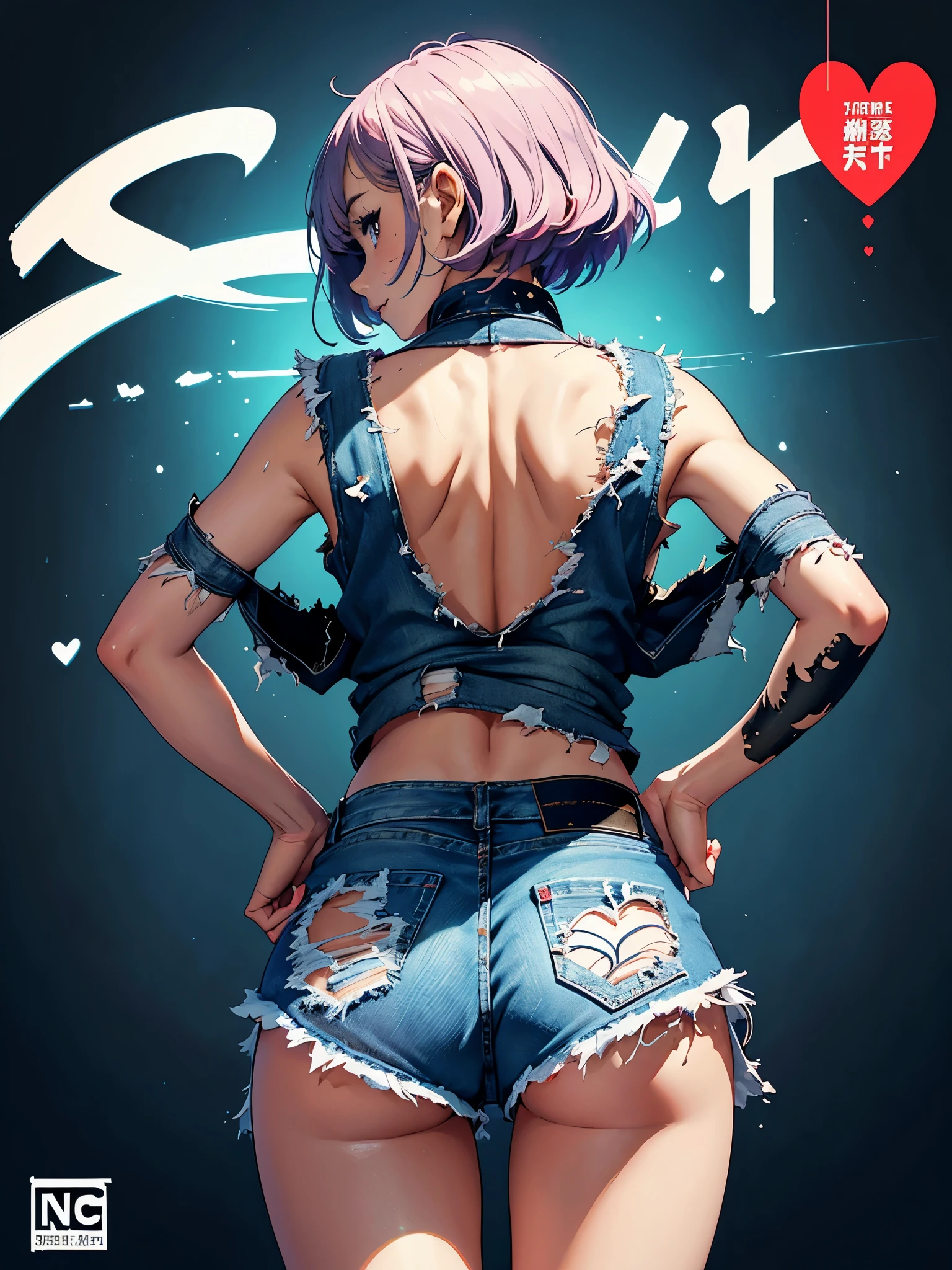 (Superflat, Flat Shading, flat-colors:1.1)、(Magazine Cover)、Illustrations、Brightいブロンドのヘアー、short-hair、American boyish girl、crotch open、Smiling、Draw so that the crotch cloth of the white underwear is visible.、Skirt flipping、((Torn and tattered damaged denim skirt))、Choker、When I look through the viewfinder、A bracelet、Thigh strap、Body Painting、Head tilt、8K resolution、intricate clothing、Intricate details、1girll、Solo、Standing、Cowboy Shot、Arms at sides、((from behind、hindquarters、heart cutout、hip incision))、(Tight hot pants)、Volumetric lighting、Soft light、Bright、neons、Vibrant colors、watercolor paiting、