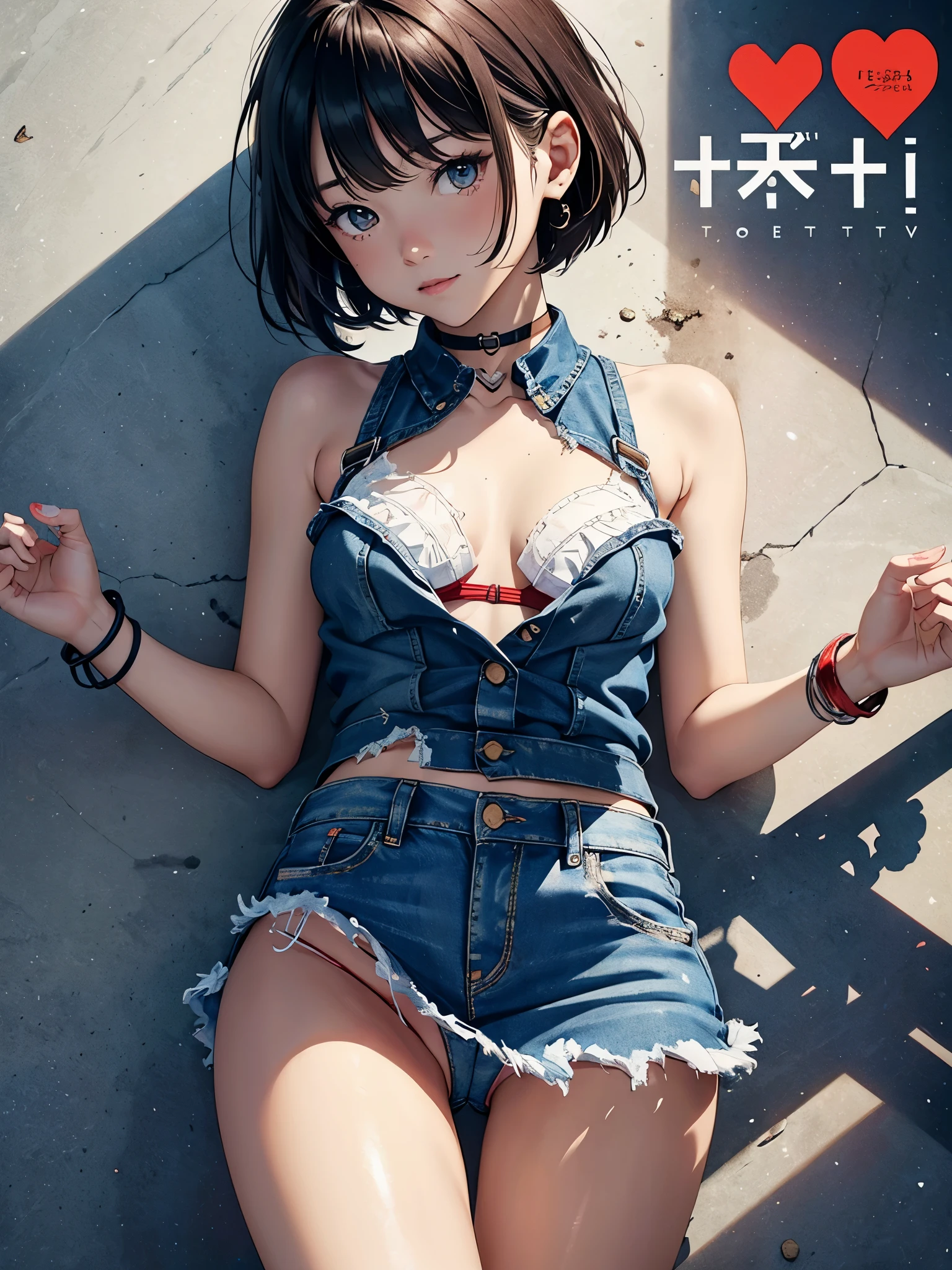(Superflat, Flat Shading, flat-colors:1.1)、(Magazine Cover)、Illustrations、(Brightいブロンドのヘアー、short-hair、American boyish girl)、crotch open、Smiling、Draw so that the crotch cloth of the white underwear is visible.、Skirt flipping、((Torn and tattered denim skirt、Red underwear))、Choker、When I look through the viewfinder、A bracelet、Thigh strap、Body Painting、Head tilt、8K resolution、intricate clothing、Intricate details、1girll、Solo、Standing、Cowboy Shot、Arms at sides、((from behind、hindquarters、heart cutout、hip incision))、(Tight hot pants)、Volumetric lighting、Soft light、Bright、neons、Vibrant colors、watercolor paiting、