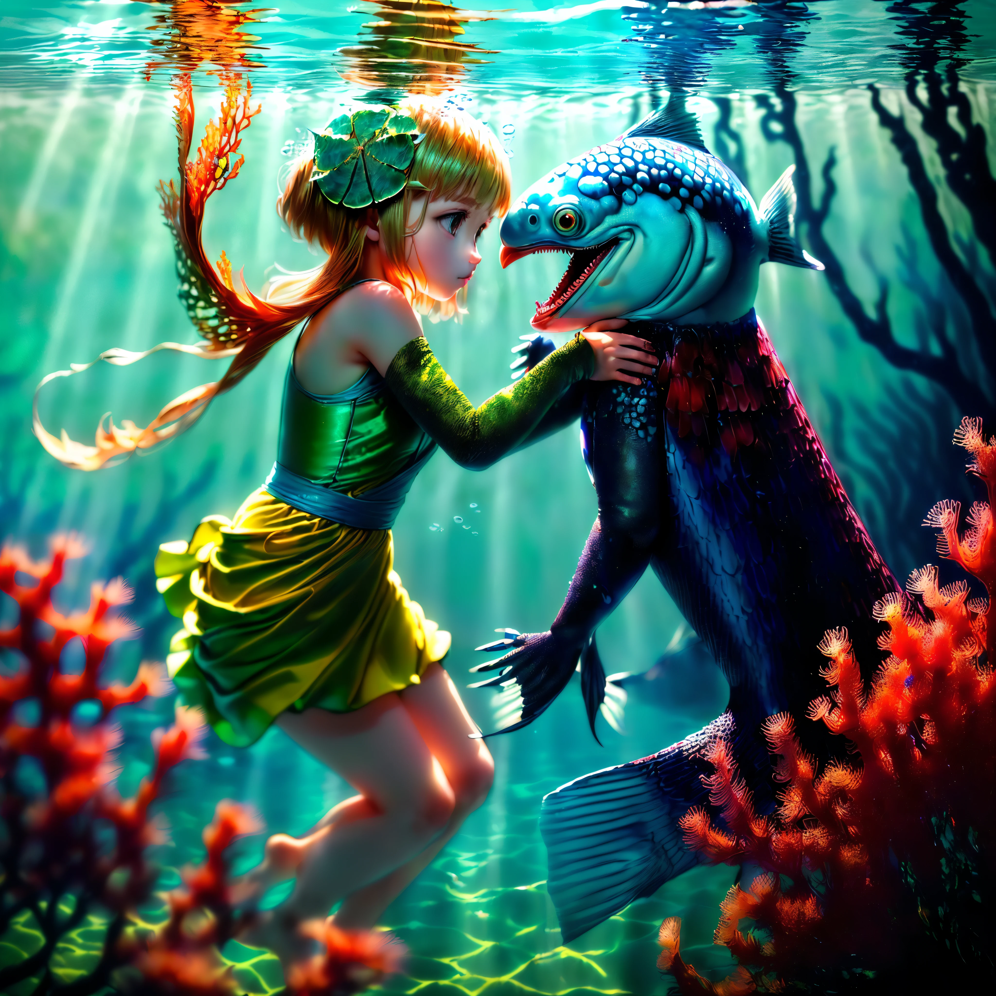 (((masterpiece))),(((best quality))),((ultra-detailed)),((underwater)),(illustration),(beautiful detailed water),((coral)),open tuck,((extremely delicate and beautiful girls)),dynamic angle,floating,(beautiful detailed eyes),(detailed light),(loli),floating hair,glowing eyes,(splash),underwater),((fishelack hair,green right eye,iceblue left eye,very long white dress,feather,nature,(sunlight),(underwater forest),(painting),(bloom),(detailed glow),(drenched),seaweed,fish,(((Tyndall effect))),face to face --s 1000 --c 20 --q 20