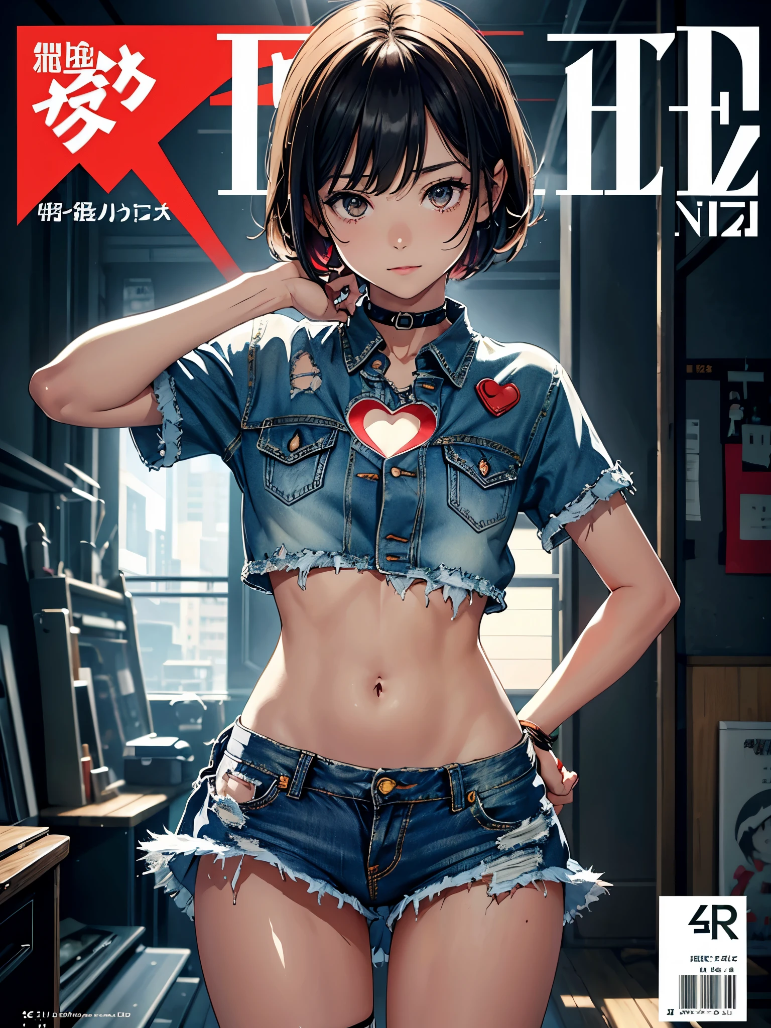 (Superflat, Flat Shading, flat-colors:1.1)、(Magazine Cover)、Illustrations、(Brightいブロンドのヘアー、short-hair、American boyish girl)、crotch open、Smiling、Draw so that the crotch cloth of the white underwear is visible.、Skirt flipping、((Torn and tattered denim skirt、Red underwear))、Choker、When I look through the viewfinder、A bracelet、Thigh strap、Body Painting、Head tilt、8K resolution、intricate clothing、Intricate details、1girll、Solo、Standing、Cowboy Shot、Arms at sides、((from behind、hindquarters、heart cutout、hip incision))、(Tight hot pants)、Volumetric lighting、Soft light、Bright、neons、Vibrant colors、watercolor paiting、