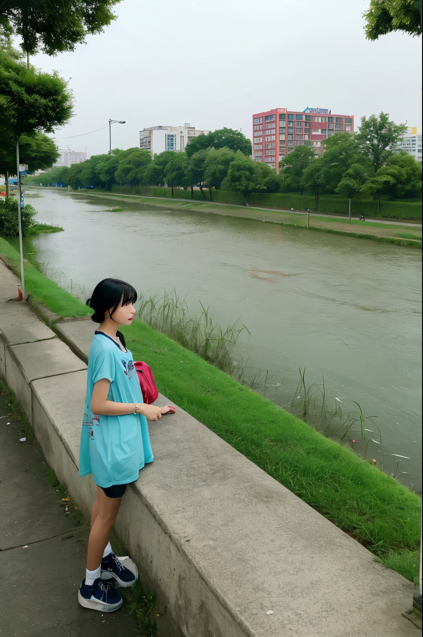 Near the park there is a river. The park is the background. It's an emo vibe. There is a capsule toy. The capsule toy machine is the main. The machine color is the color of the sea. ECO products.